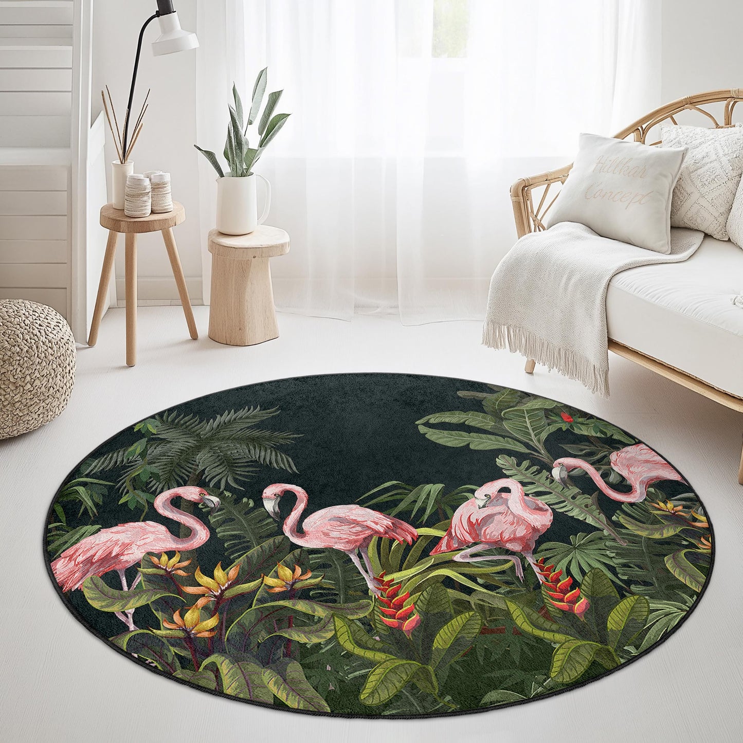 Runder Teppich mit tropischem Flamingo-Flair, exotischer Flamingo-Teppich, runder Wohnzimmerteppich, Boho-Dekoration, Dschungelteppich