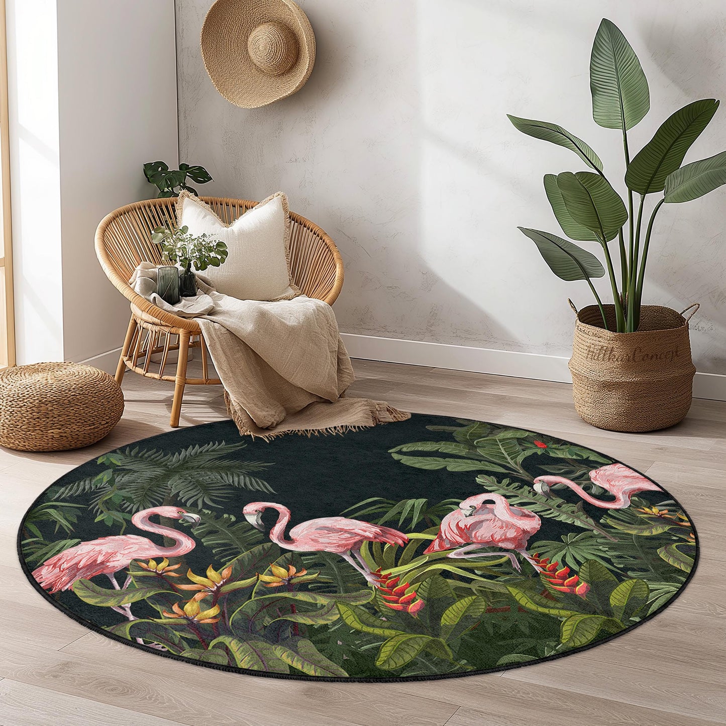 Runder Teppich mit tropischem Flamingo-Flair, exotischer Flamingo-Teppich, runder Wohnzimmerteppich, Boho-Dekoration, Dschungelteppich
