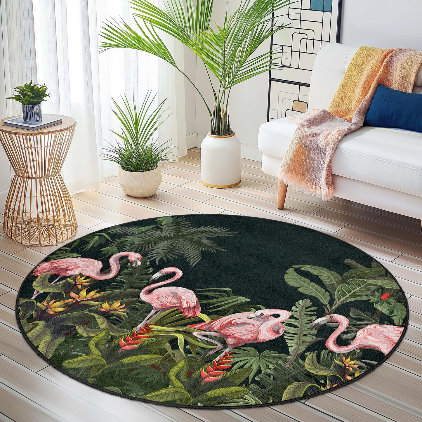 Runder Teppich mit tropischem Flamingo-Flair, exotischer Flamingo-Teppich, runder Wohnzimmerteppich, Boho-Dekoration, Dschungelteppich
