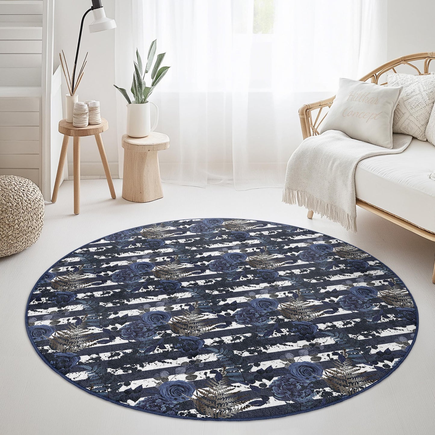 Eleganter runder Teppich mit Blumenmuster, blau-weißer runder Teppich mit Blumenmuster, stilvolle Wohndekoration, Wohnzimmerteppich, Teppich im Bohème-Stil