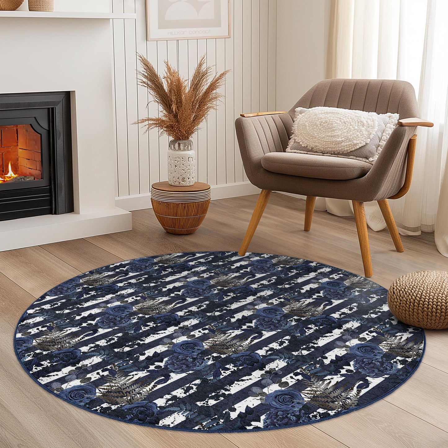 Eleganter runder Teppich mit Blumenmuster, blau-weißer runder Teppich mit Blumenmuster, stilvolle Wohndekoration, Wohnzimmerteppich, Teppich im Bohème-Stil