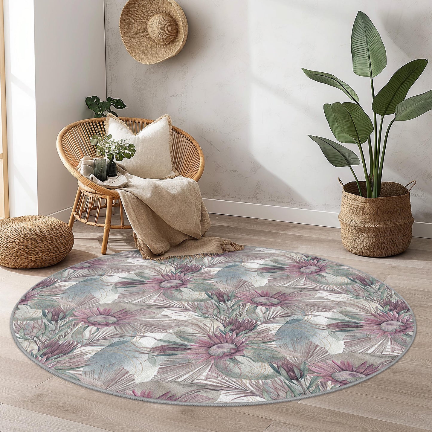 Runder Teppich mit Blumenmuster, eleganter runder Teppich, Wohnzimmerdeko, Boho-Chic-Teppich, Wohndesign, moderner runder Teppich