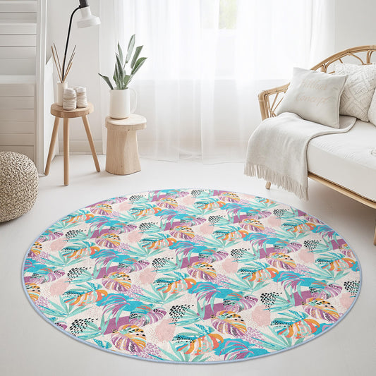 Tropical Botanical Round Area Rug, Colorful Floral Round Carpet, Living Room Decor, Boho Style Round Rug, Home Interior Design