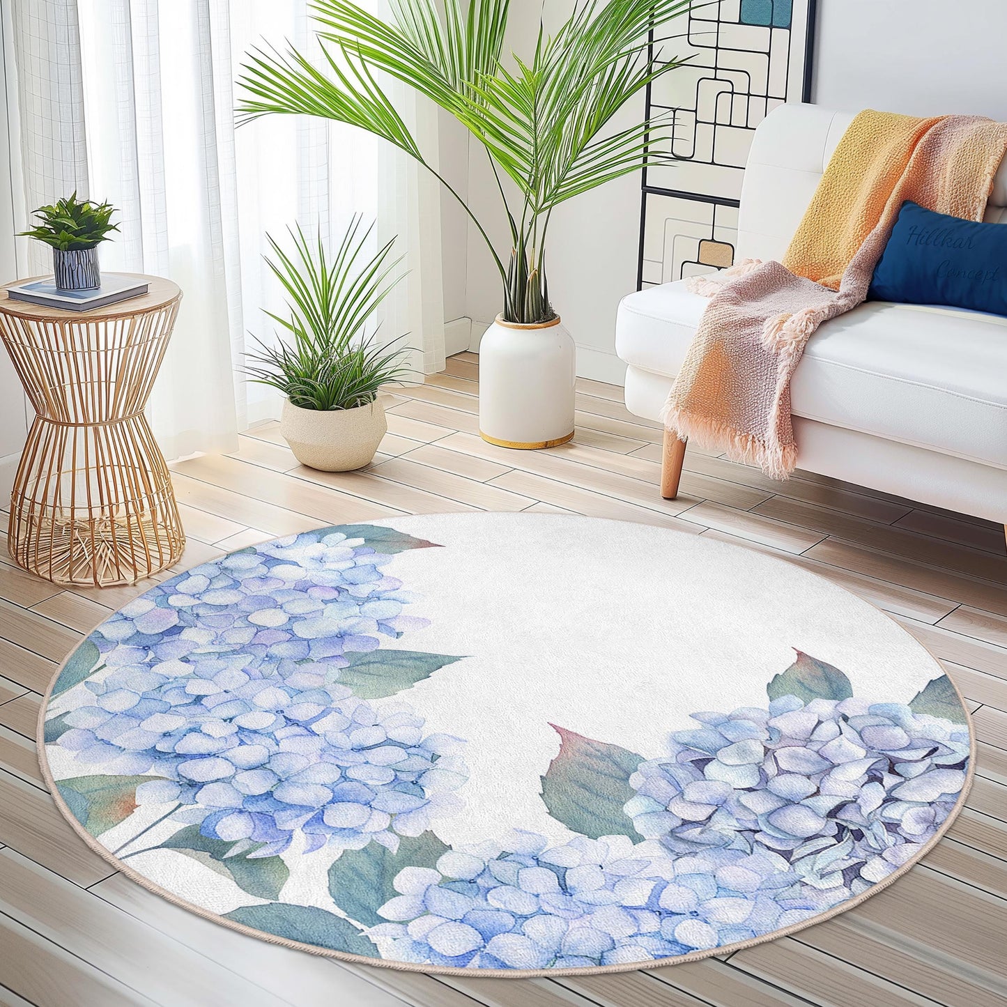 Runder Teppich mit Hortensienmuster, runder Teppich mit botanischem Blumenmuster, Wohnzimmerteppich mit Blumenmuster, dekorativer runder Teppich für Zuhause