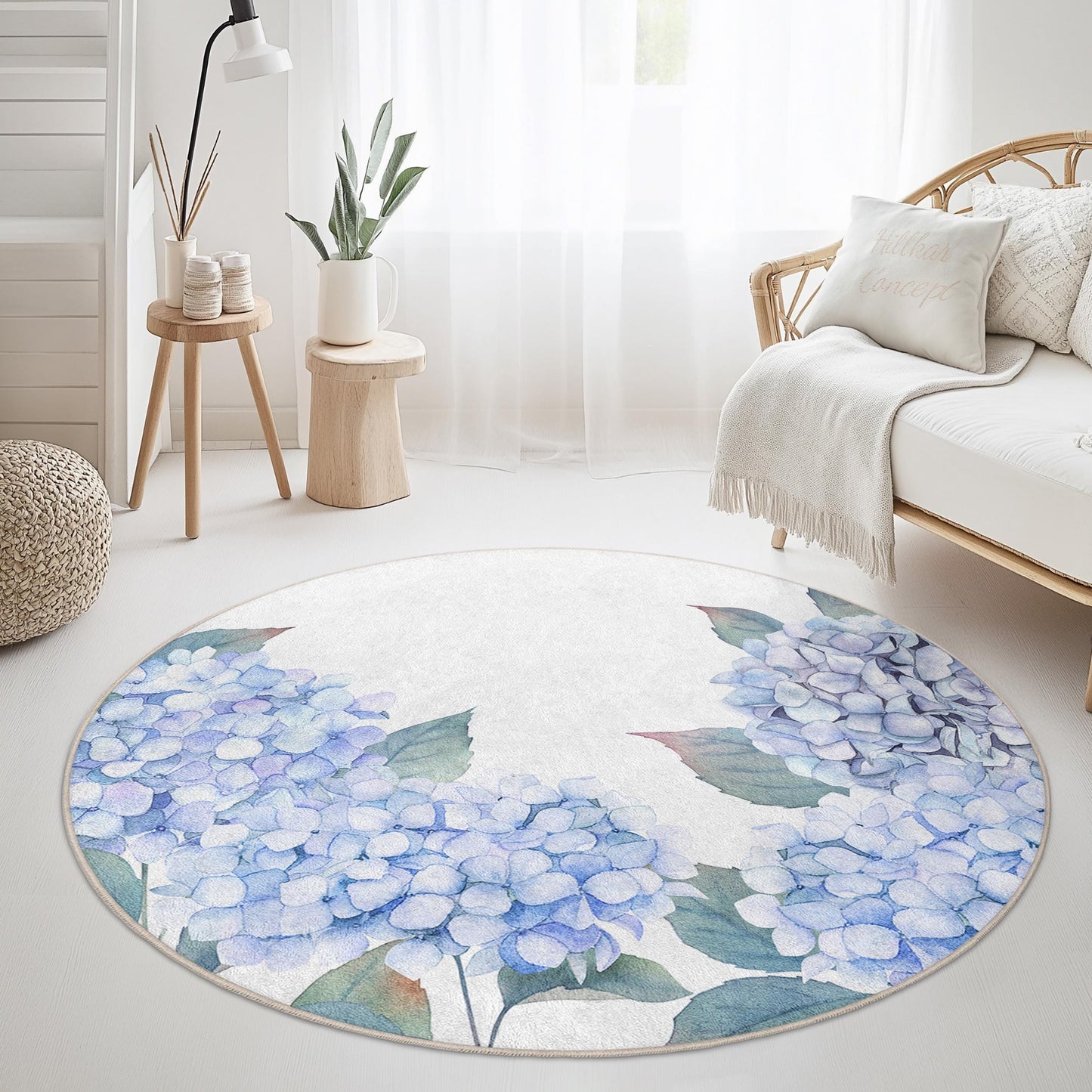 Runder Teppich mit Hortensienmuster, runder Teppich mit botanischem Blumenmuster, Wohnzimmerteppich mit Blumenmuster, dekorativer runder Teppich für Zuhause