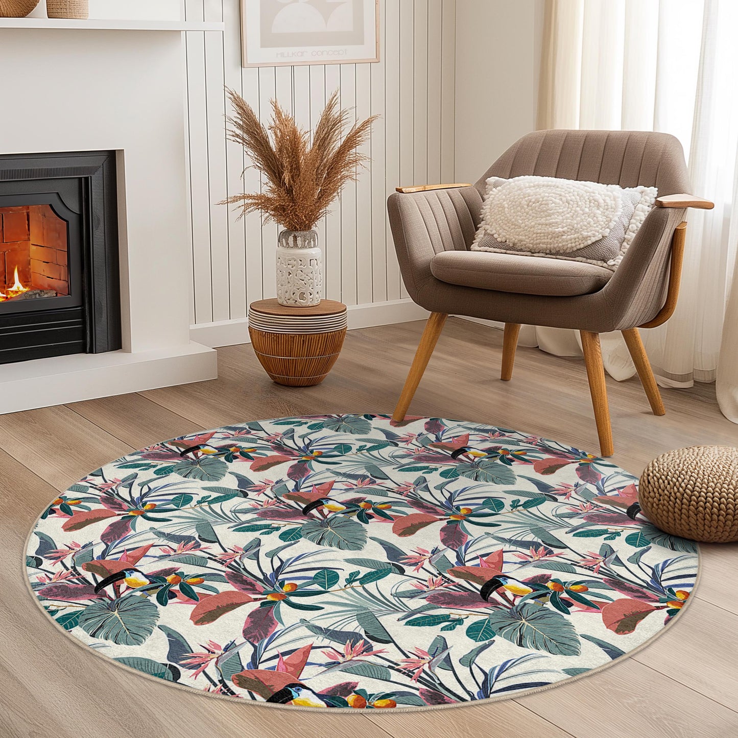 Runder Teppich mit tropischem Blumenmuster, runder Teppich im Bohème-Stil, dekorativer Teppich für den Innenbereich, Wohnzimmerteppich, weiche Bodenmatte mit Blumenmuster