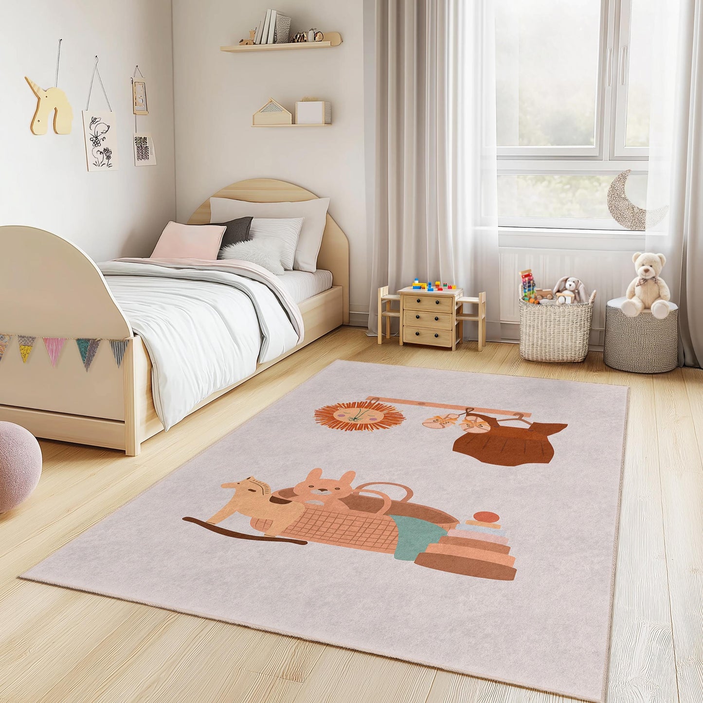 Rechteckiger Kinderteppich mit verspieltem Tiermuster, Spielzimmerteppich, Kinderzimmerteppich, bezaubernde Kinderzimmerdekoration, weiche Spielmatte