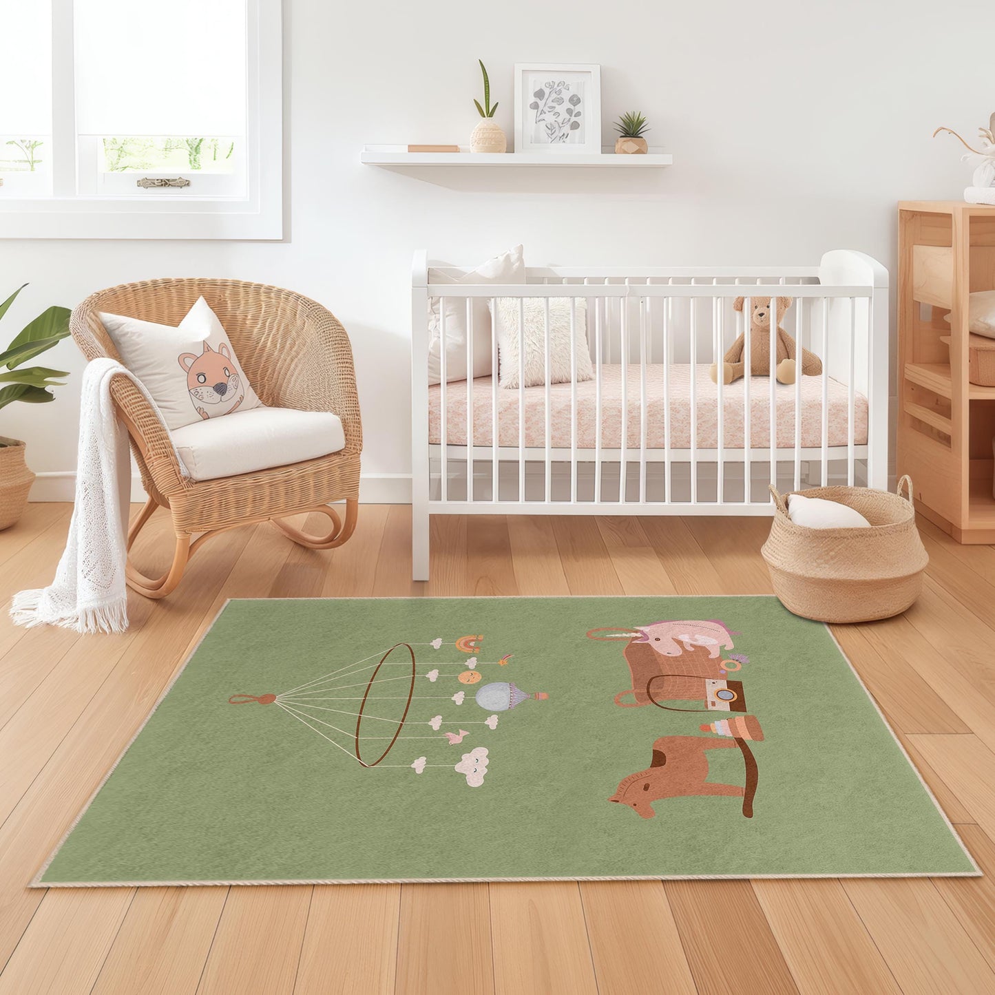 Verspielter Teppich mit Wolken- und Spielzeug-Mobile-Design, rechteckiger Kinderzimmerteppich, weiche Spielmatte für die Kinderzimmerdekoration