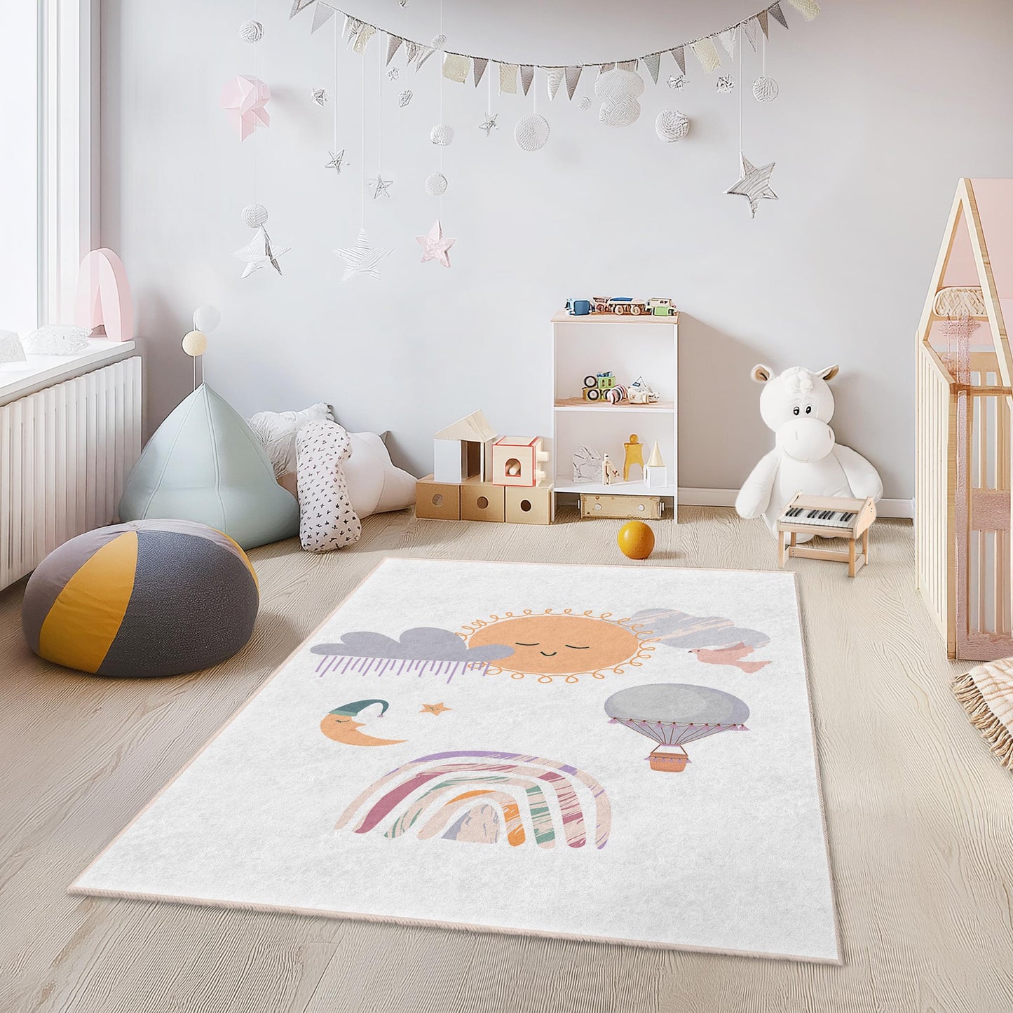 Verspielter Kinderteppich mit Sonne und Wolken, rechteckiger Teppich mit Regenbogenmotiv, Spielzimmerdeko, Kinderzimmerteppich, weiche Spielmatte für Kinder