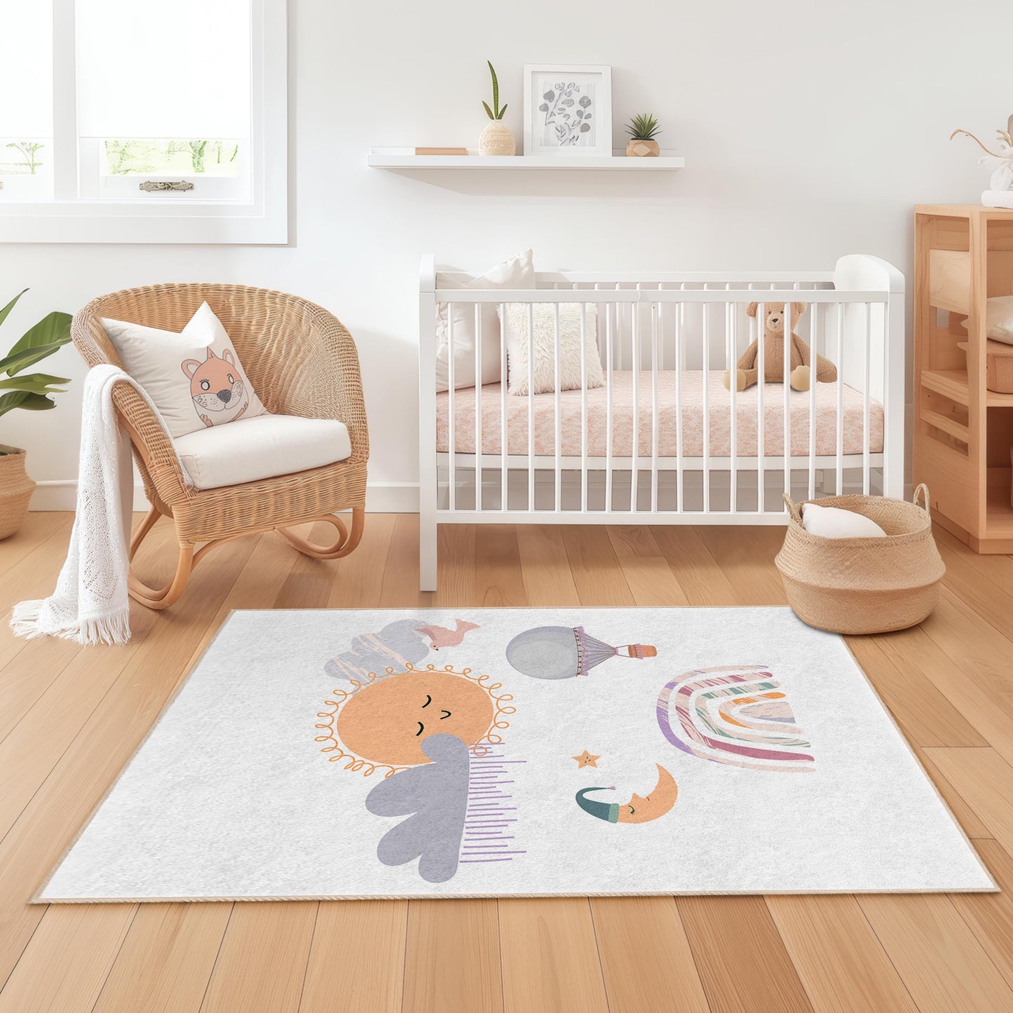 Verspielter Kinderteppich mit Sonne und Wolken, rechteckiger Teppich mit Regenbogenmotiv, Spielzimmerdeko, Kinderzimmerteppich, weiche Spielmatte für Kinder