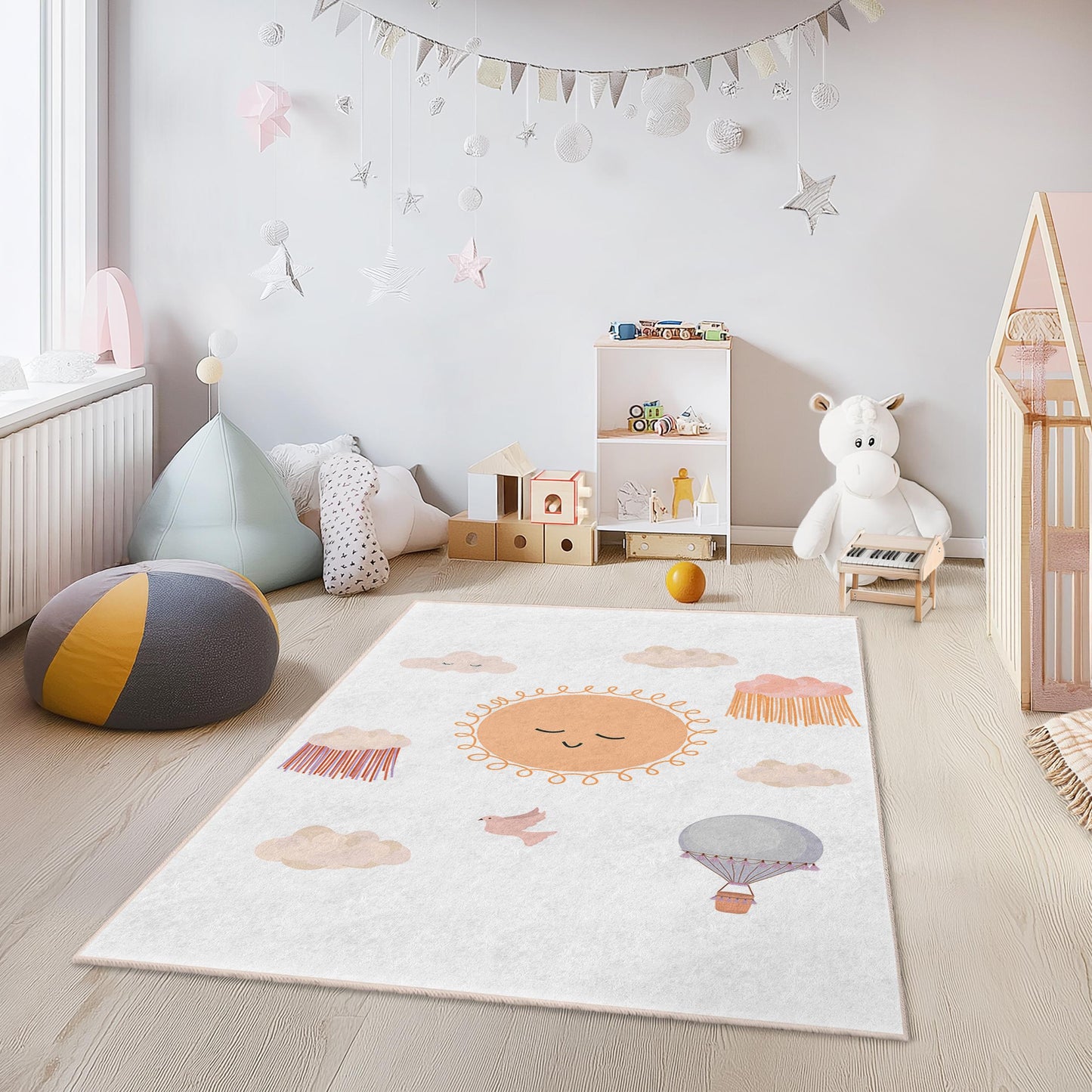 Rechteckiger Kinderteppich „Sonnige Lächeln, bewölkte Träume“, niedliches Sonnen- und Wolkenmotiv, Spielzimmerdekoration, Kinderzimmerteppich