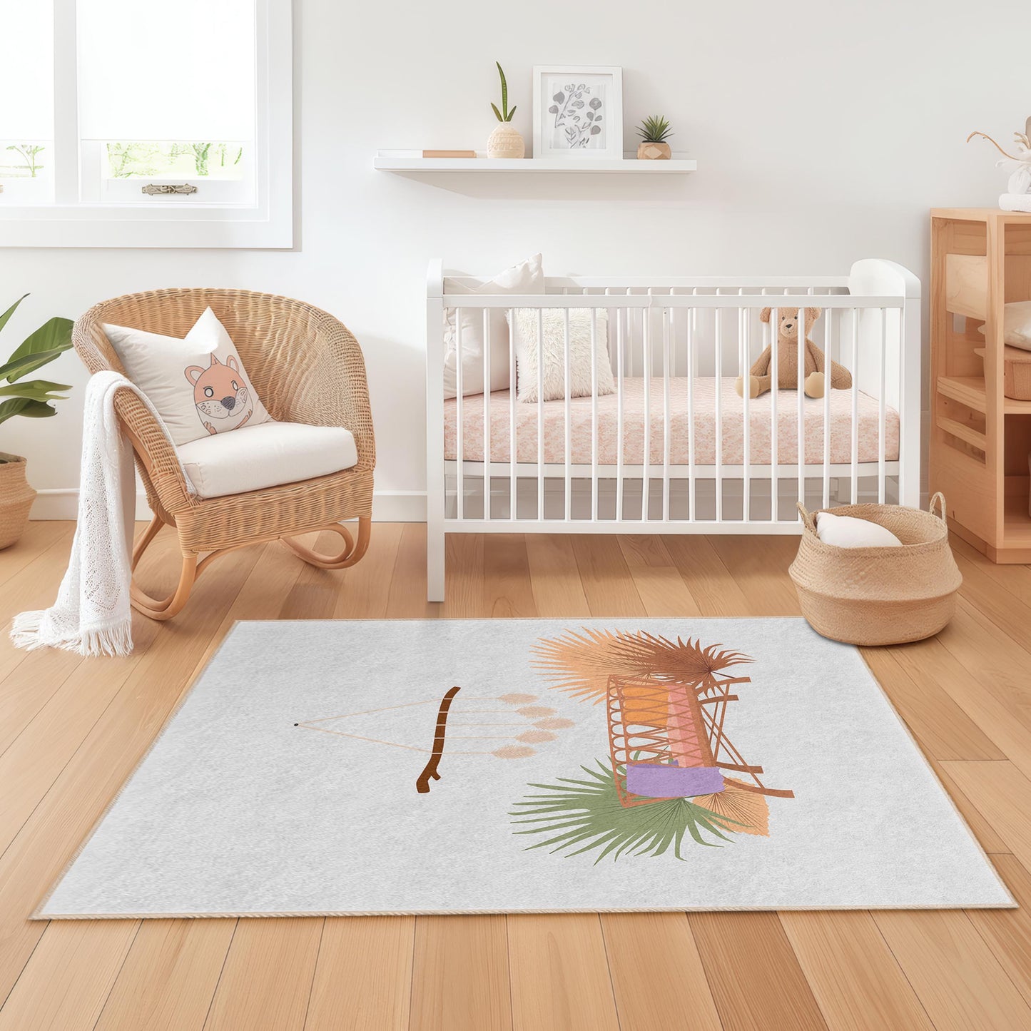 Rechteckiger Boho-Chic-Kinderzimmerteppich, weicher Babyzimmerteppich, verspielte Dekoration fürs Kinderzimmer, gemütlicher Schlafzimmerteppich, rutschfeste Matte