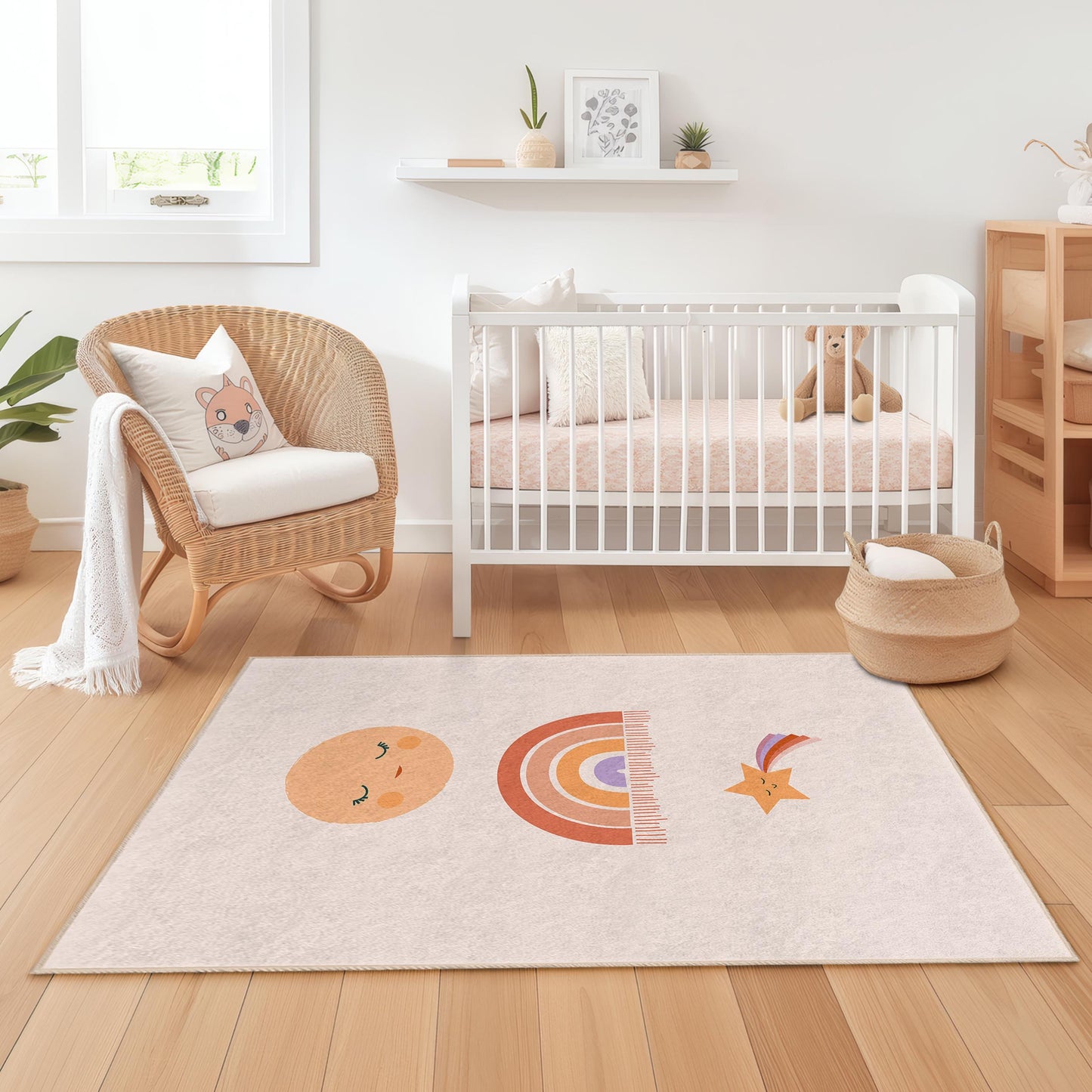 Niedlicher Regenbogen- und Sternen-Kinderteppich, farbenfrohe Kinderzimmerdekoration, rechteckiger Spielzimmerteppich, Babyzimmerteppich, weiche Kindermatte