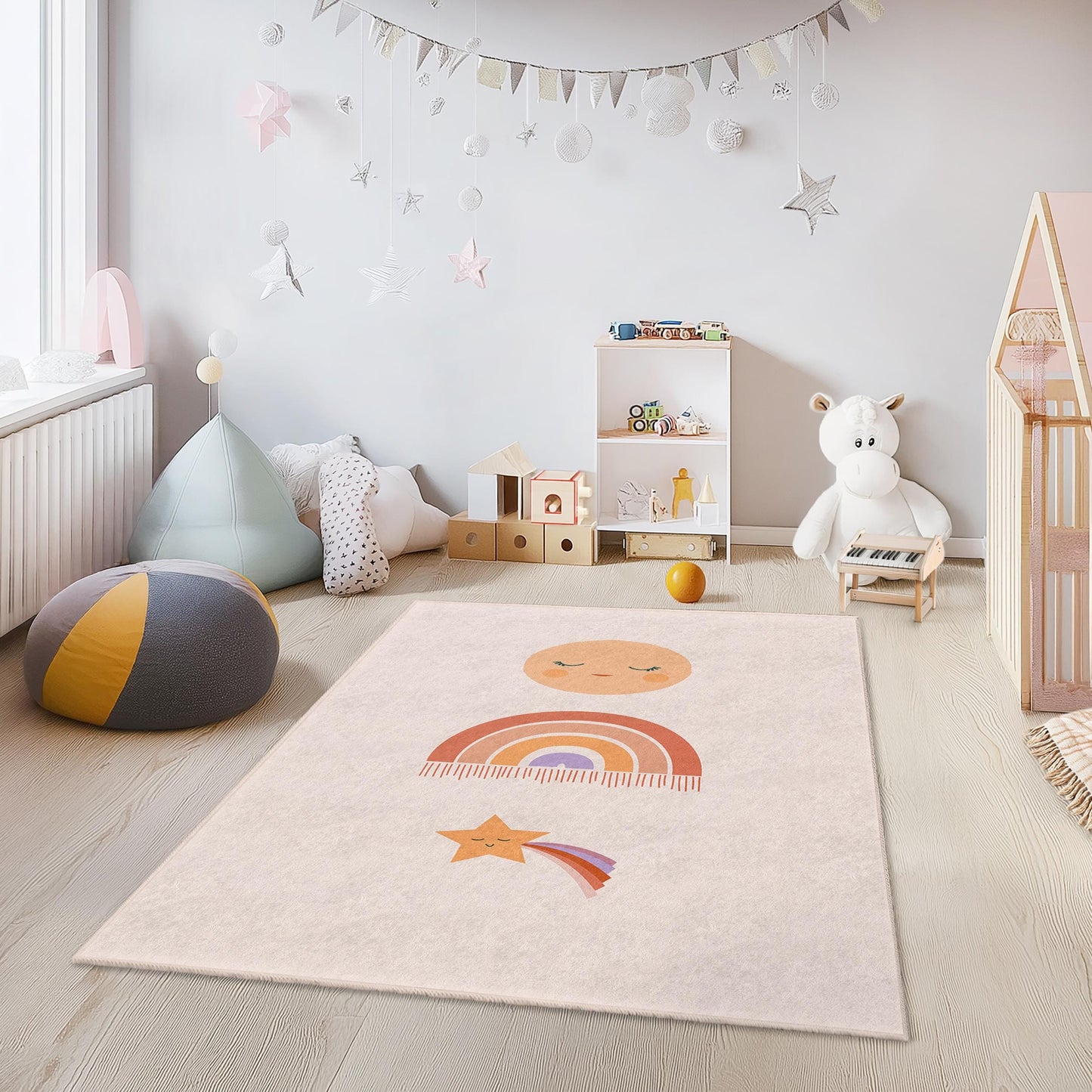 Niedlicher Regenbogen- und Sternen-Kinderteppich, farbenfrohe Kinderzimmerdekoration, rechteckiger Spielzimmerteppich, Babyzimmerteppich, weiche Kindermatte