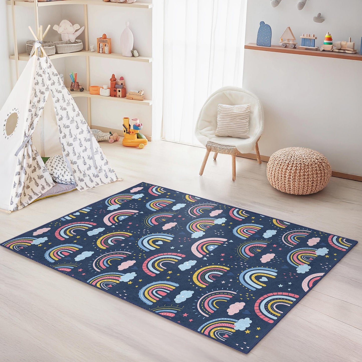 Rechteckiger Kinderteppich „Regenbogenträume“, bunter Regenbogen-Teppich, Spielzimmer-Dekoration, Kinderzimmerteppich