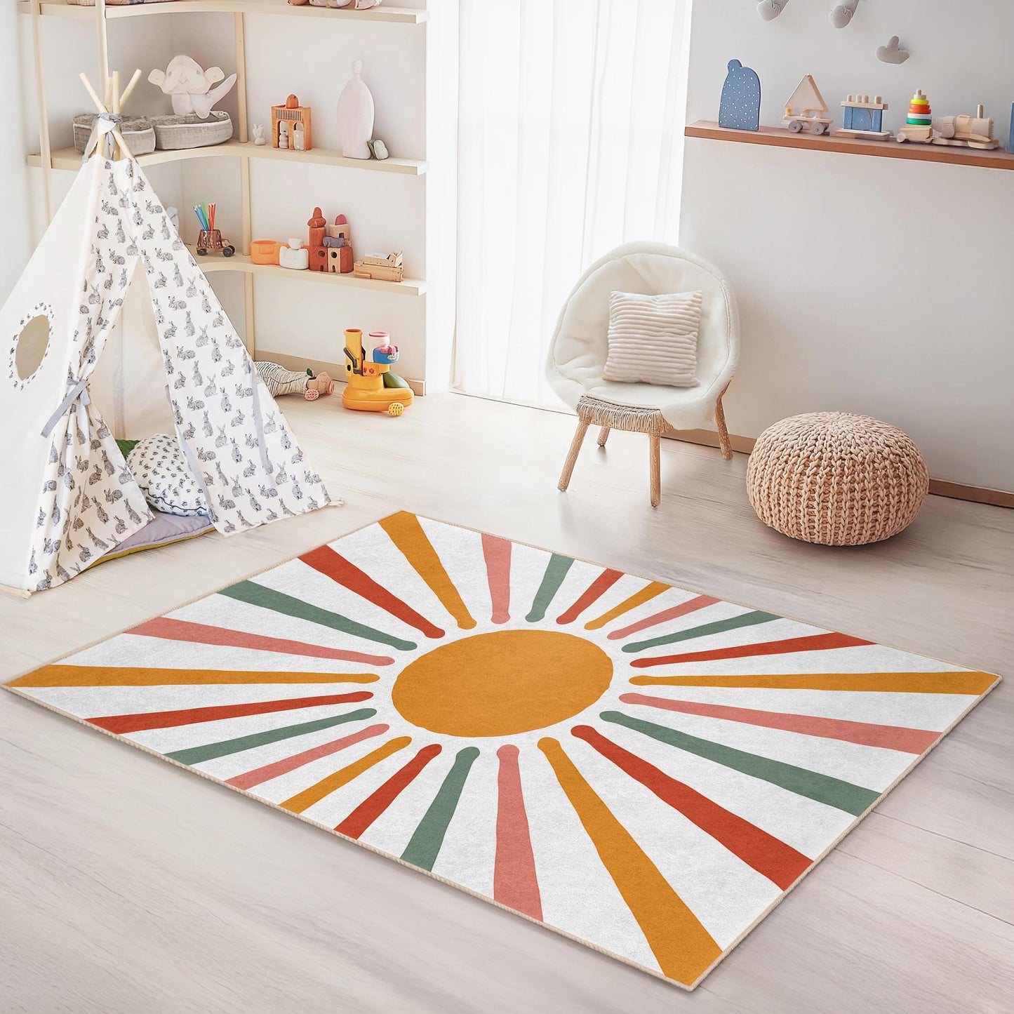 Bunte rechteckige Kinderteppiche „Sunshine Burst“, Kinderzimmerteppich, Spielzimmerdeko, fröhlicher Kinderzimmerteppich, verspielte Matte