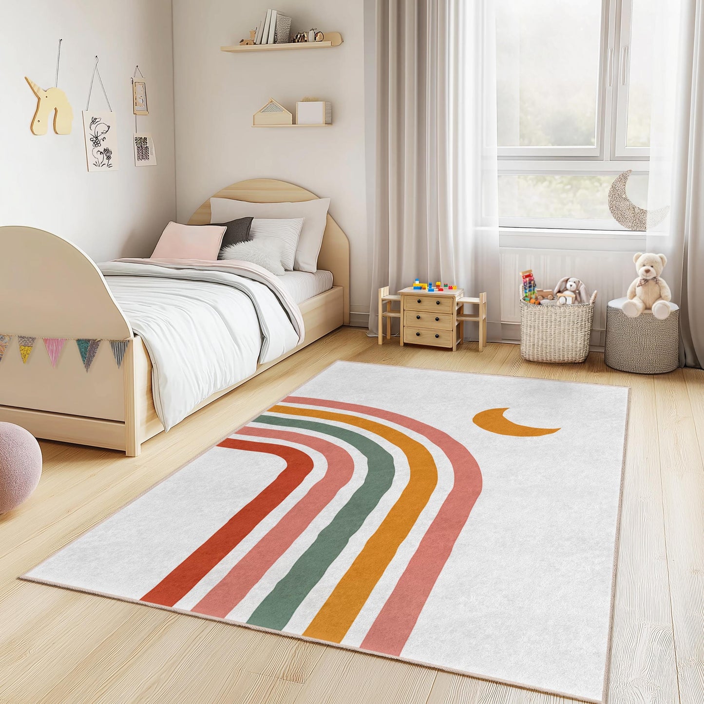 Bunter Regenbogen-Kinderteppich, rechteckiger Spielzimmerteppich, Kinderzimmerdeko, weicher Kinderteppich, Spielmatte für Kleinkinderzimmer