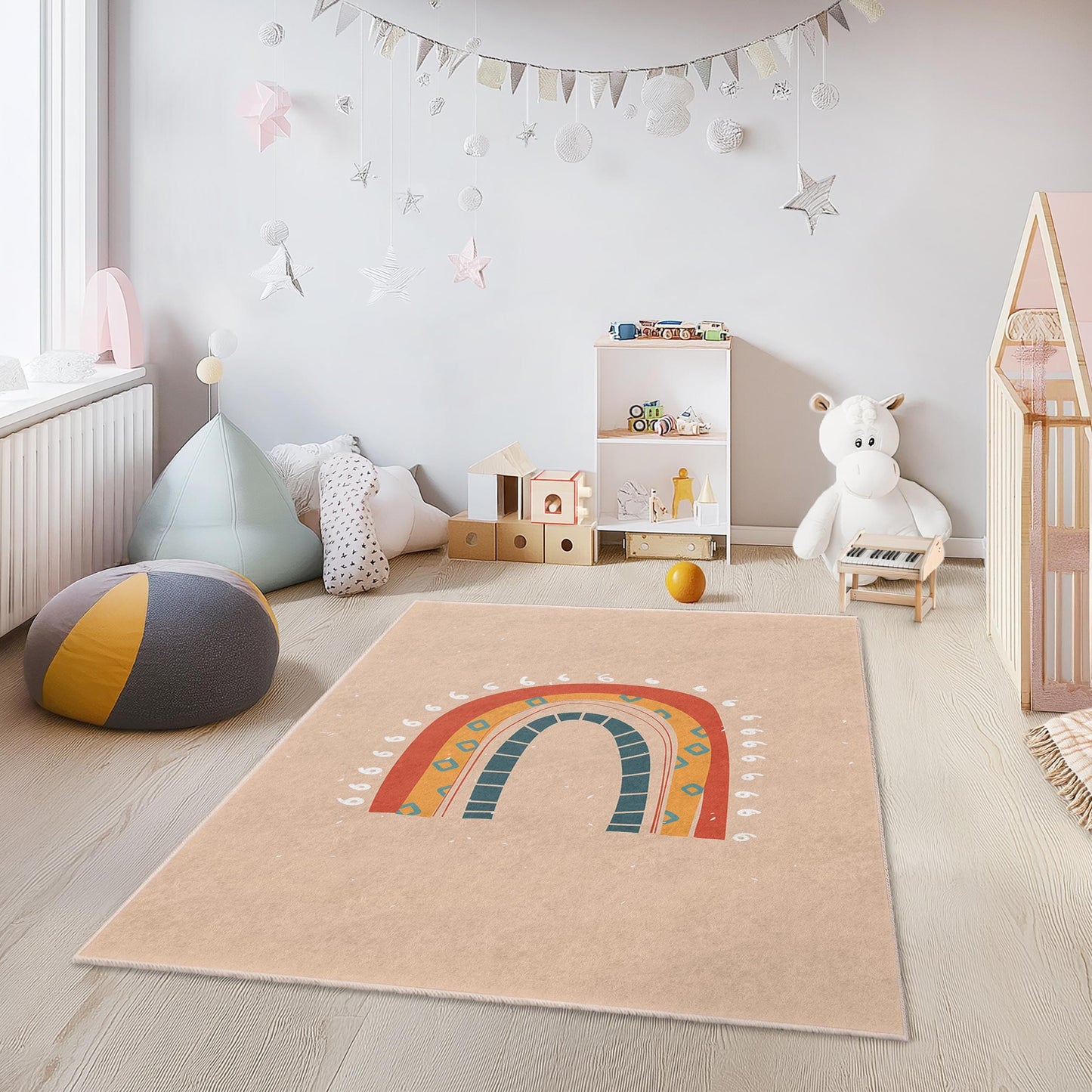 Rechteckiger Kinderteppich mit Regenbogenmuster, bunter Kinderzimmerteppich, Spielzimmerdekoration, Spielmatte fürs Kinderzimmer, weicher Kinderteppich