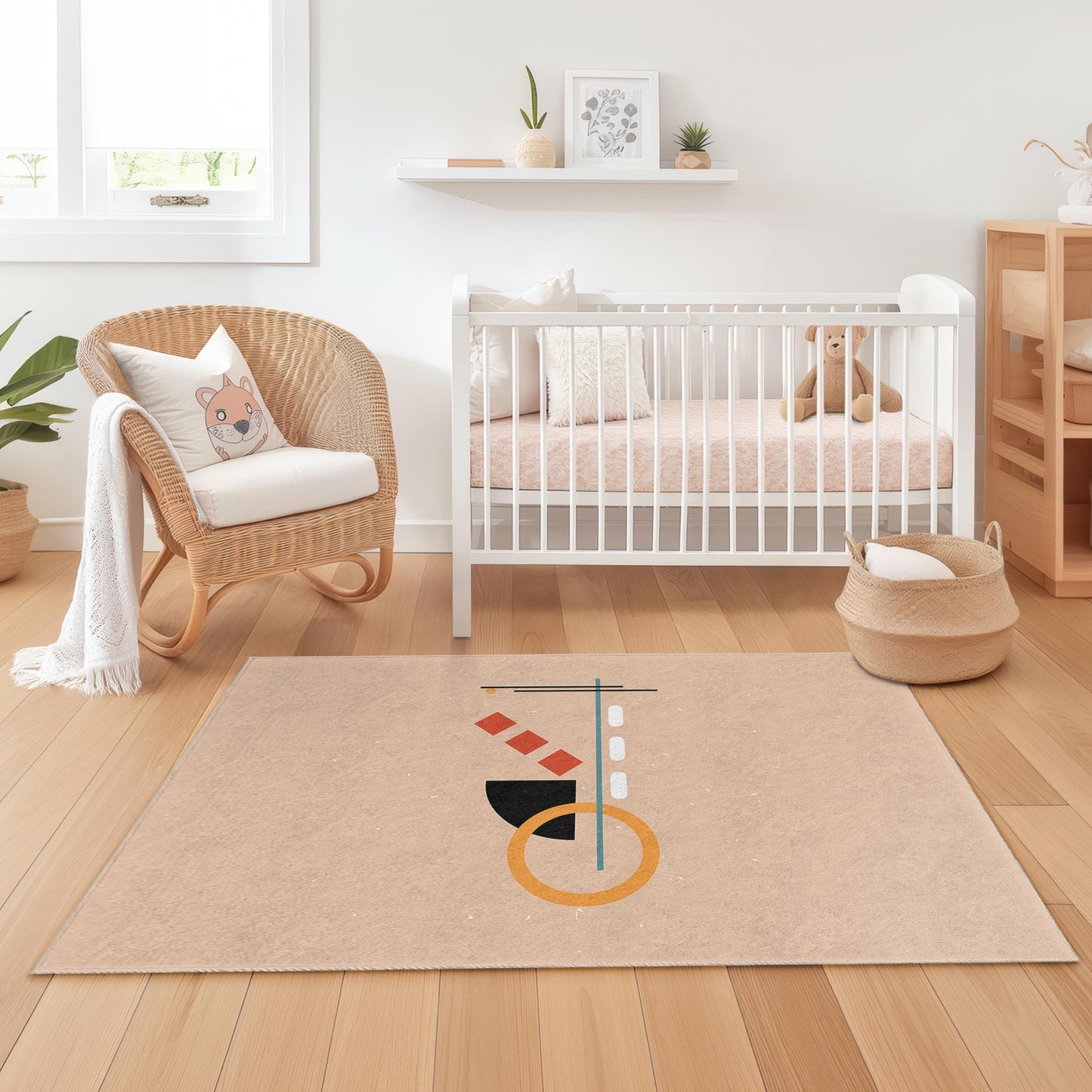 Verspielter Kinderteppich mit geometrischen Formen, rechteckiger Kinderzimmerteppich, moderne Spielmatte, farbenfrohe Kinderzimmerdekoration, weicher Kinderteppich