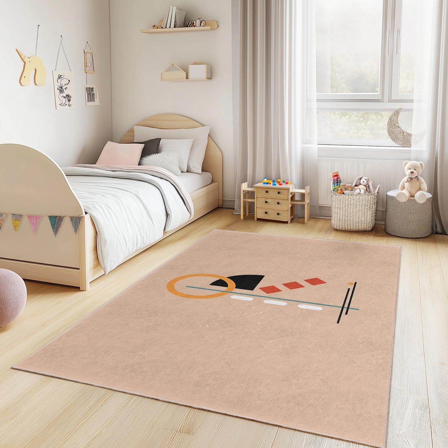 Verspielter Kinderteppich mit geometrischen Formen, rechteckiger Kinderzimmerteppich, moderne Spielmatte, farbenfrohe Kinderzimmerdekoration, weicher Kinderteppich