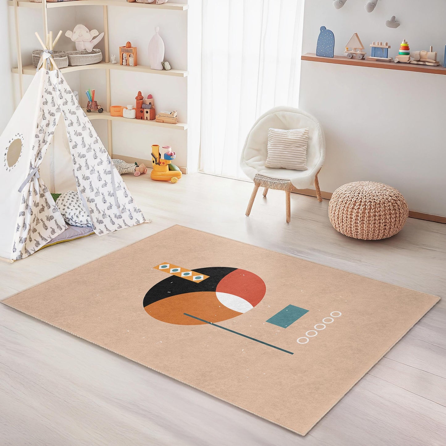 Bunter, geometrischer Rechteckteppich, moderne Kinderzimmerdekoration, verspielter Kinderteppich, stilvoller Babyzimmerteppich, weiche Spielmatte
