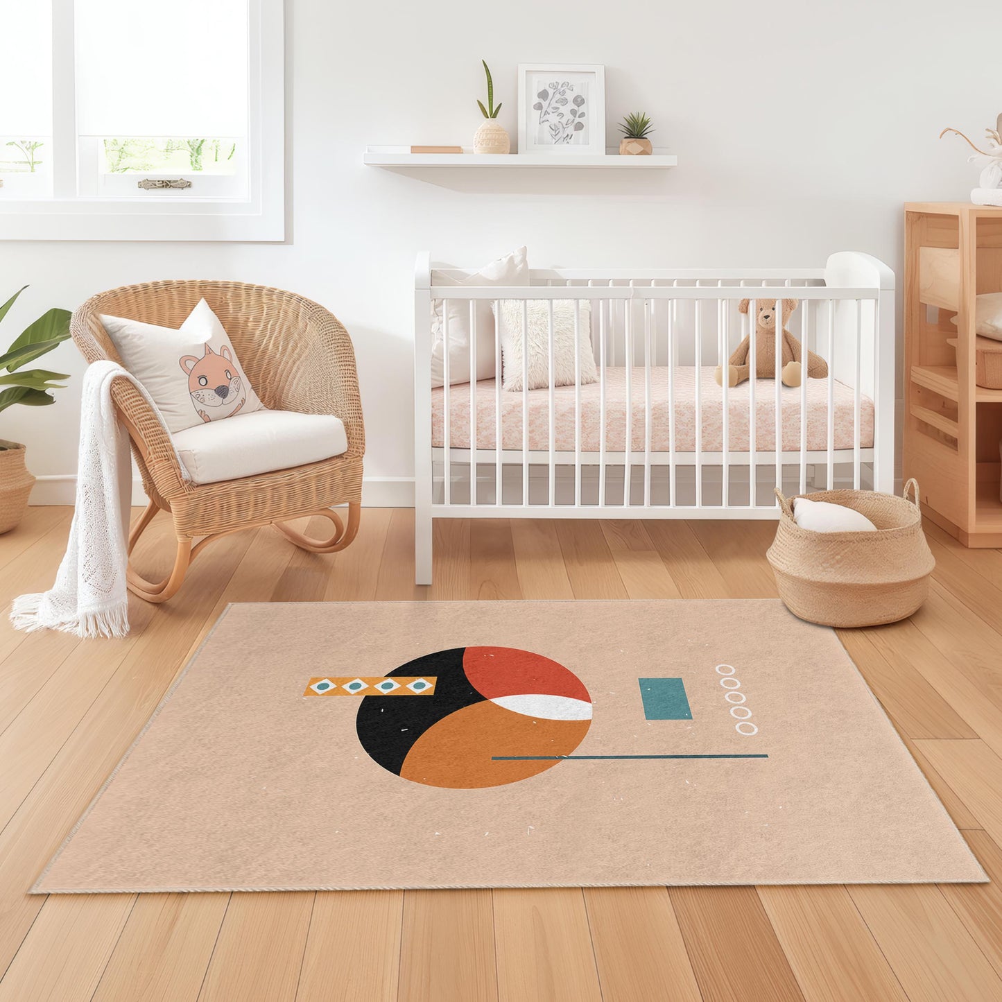 Bunter, geometrischer Rechteckteppich, moderne Kinderzimmerdekoration, verspielter Kinderteppich, stilvoller Babyzimmerteppich, weiche Spielmatte