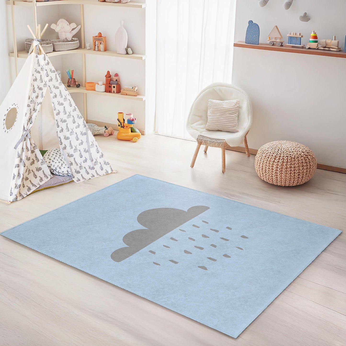 Rechteckiger Kinderteppich „Bewölkter Tag“, weicher Kinderzimmerteppich, Spielzimmerdeko, Regenwolken-Teppich, niedliche Babyzimmermatte