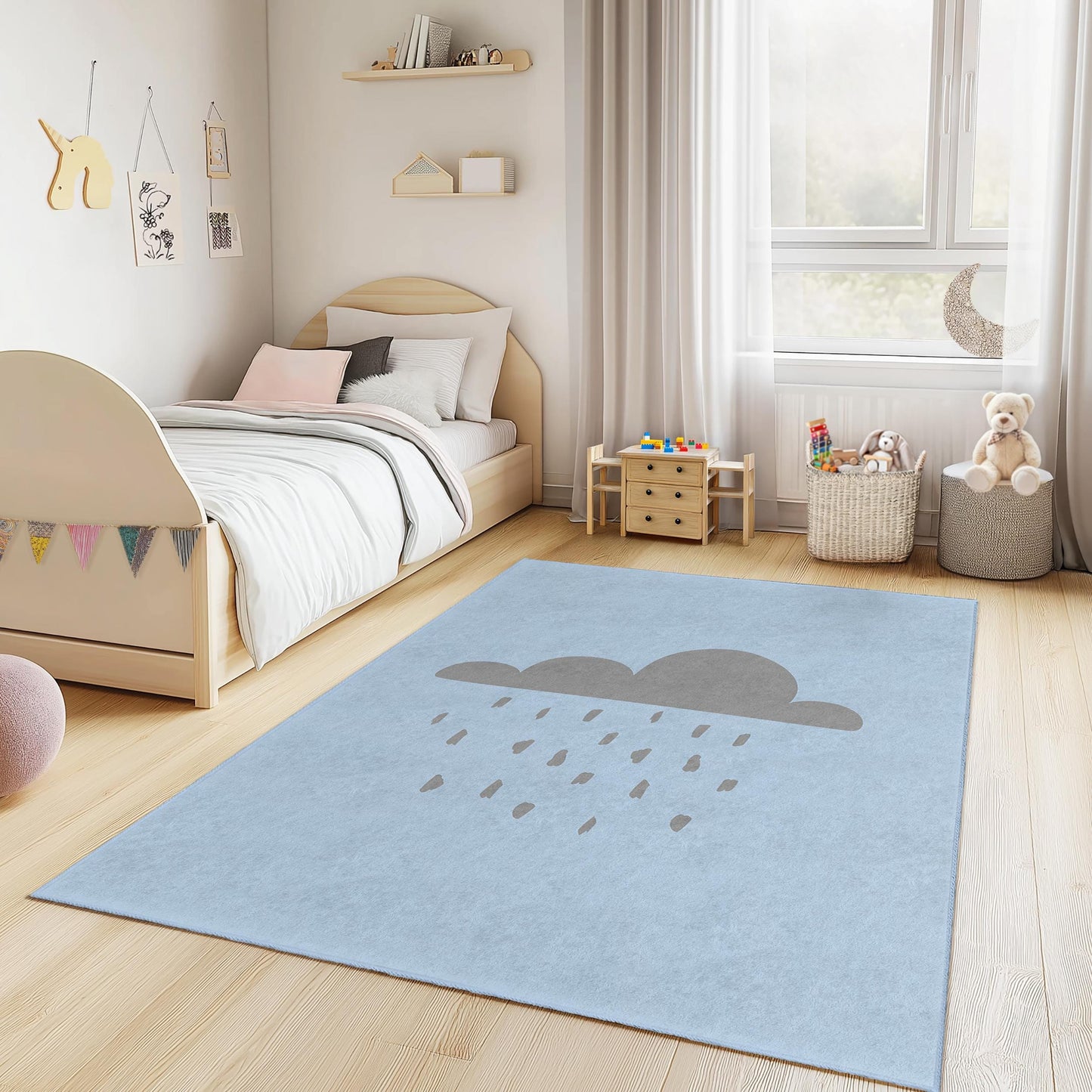 Rechteckiger Kinderteppich „Bewölkter Tag“, weicher Kinderzimmerteppich, Spielzimmerdeko, Regenwolken-Teppich, niedliche Babyzimmermatte