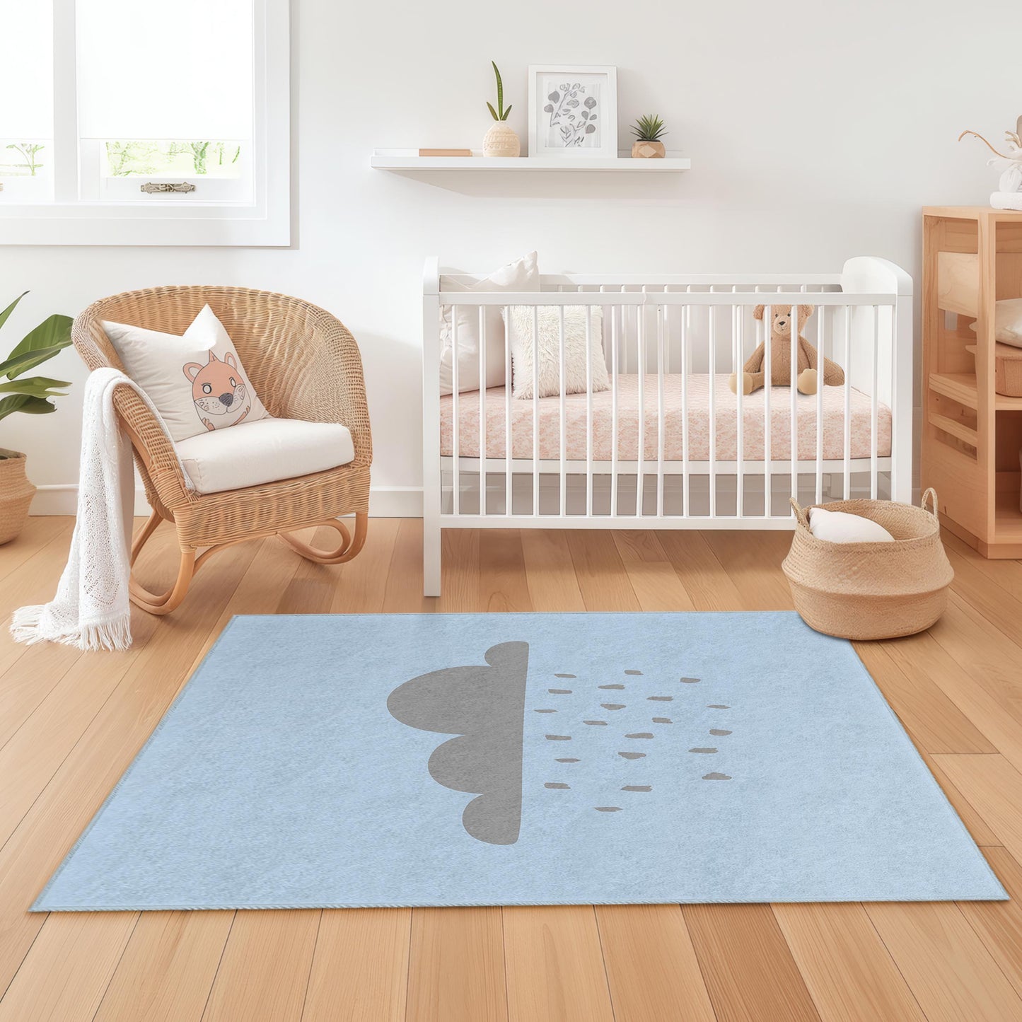 Rechteckiger Kinderteppich „Bewölkter Tag“, weicher Kinderzimmerteppich, Spielzimmerdeko, Regenwolken-Teppich, niedliche Babyzimmermatte