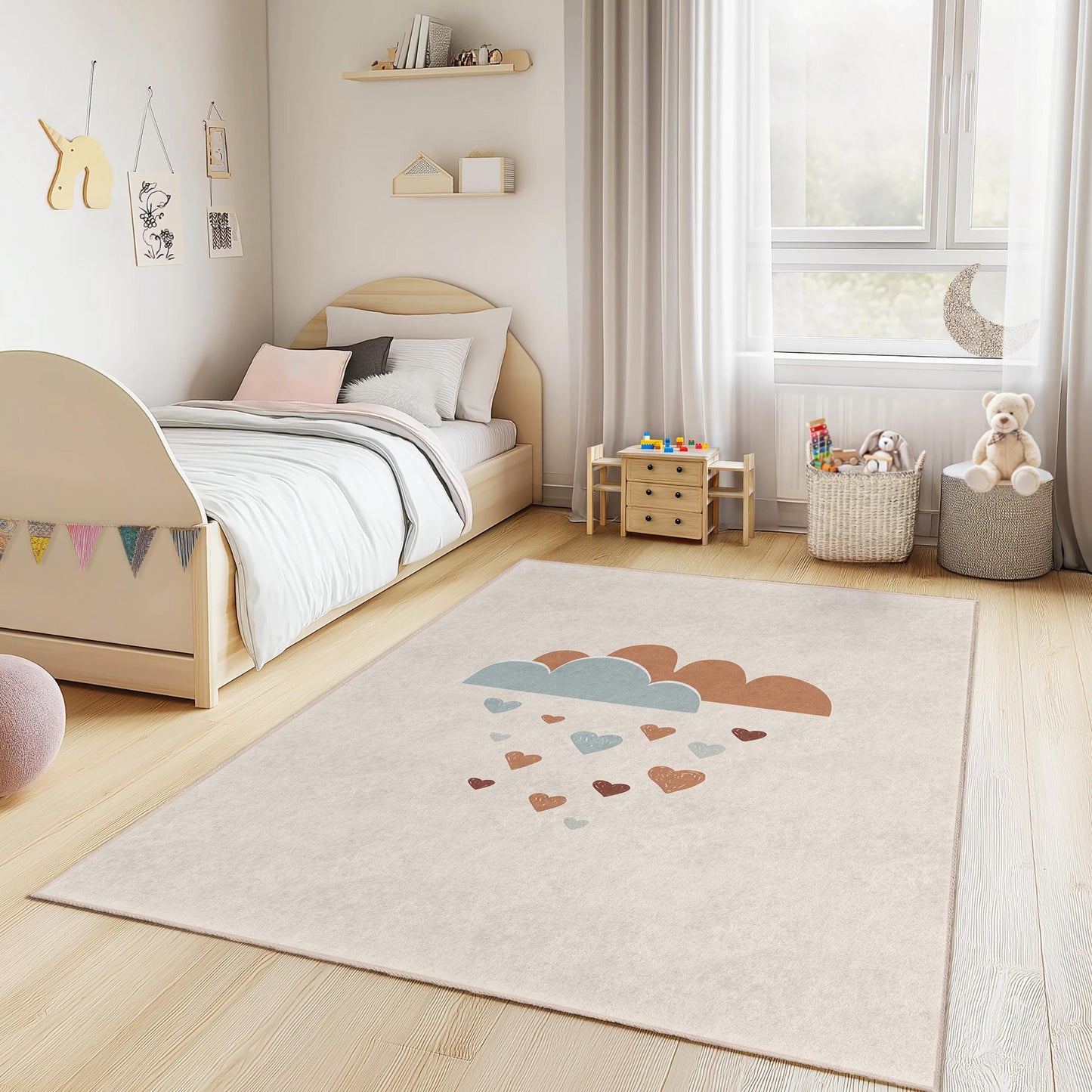 Rechteckiger Kinderteppich mit Wolken- und Herzmotiv, niedlicher Kinderzimmerteppich, Spielzimmerdekoration, weicher Kinderteppich, bezaubernder Kinderzimmerteppich