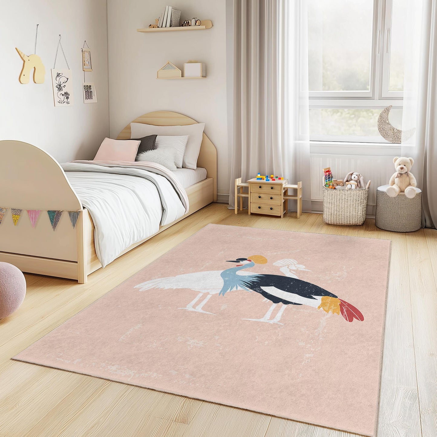 Bunter rechteckiger Kinderteppich mit Kranichmuster, verspieltes Vogelmotiv, Kinderzimmerdeko, weicher Teppich fürs Kinderzimmer