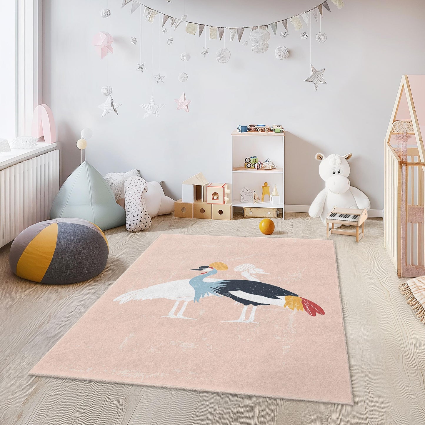 Bunter rechteckiger Kinderteppich mit Kranichmuster, verspieltes Vogelmotiv, Kinderzimmerdeko, weicher Teppich fürs Kinderzimmer