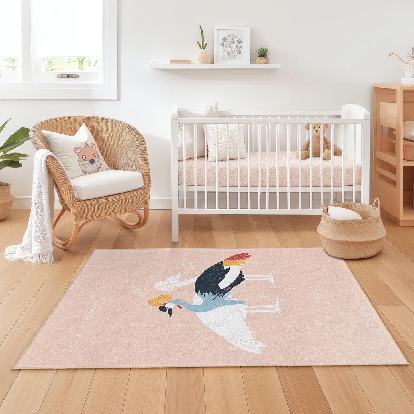 Bunter rechteckiger Kinderteppich mit Kranichmuster, verspieltes Vogelmotiv, Kinderzimmerdeko, weicher Teppich fürs Kinderzimmer