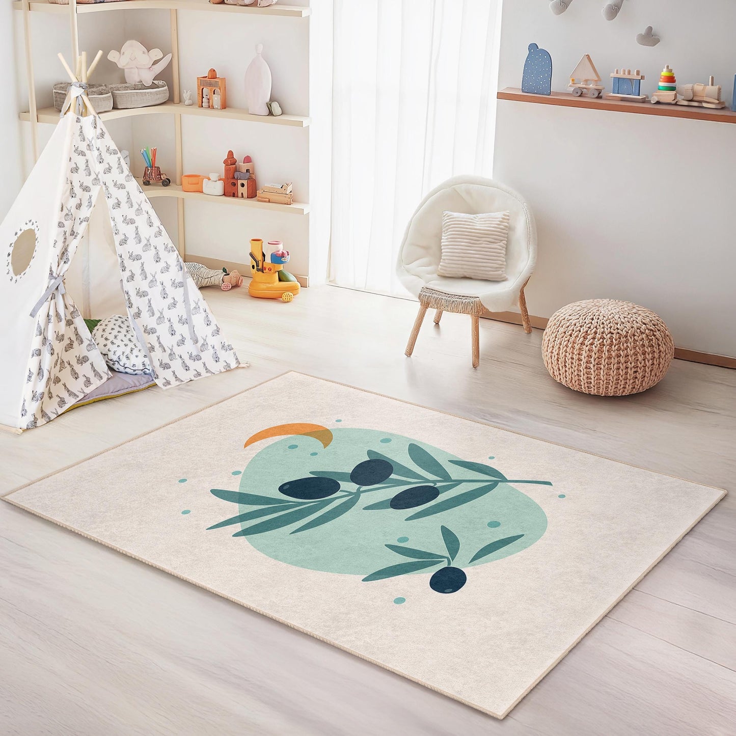 Teppich mit abstraktem Olivenzweig-Design, rechteckiger Teppich für Kinderzimmer, weicher Dekoteppich für Spielzimmer und Babyzimmer