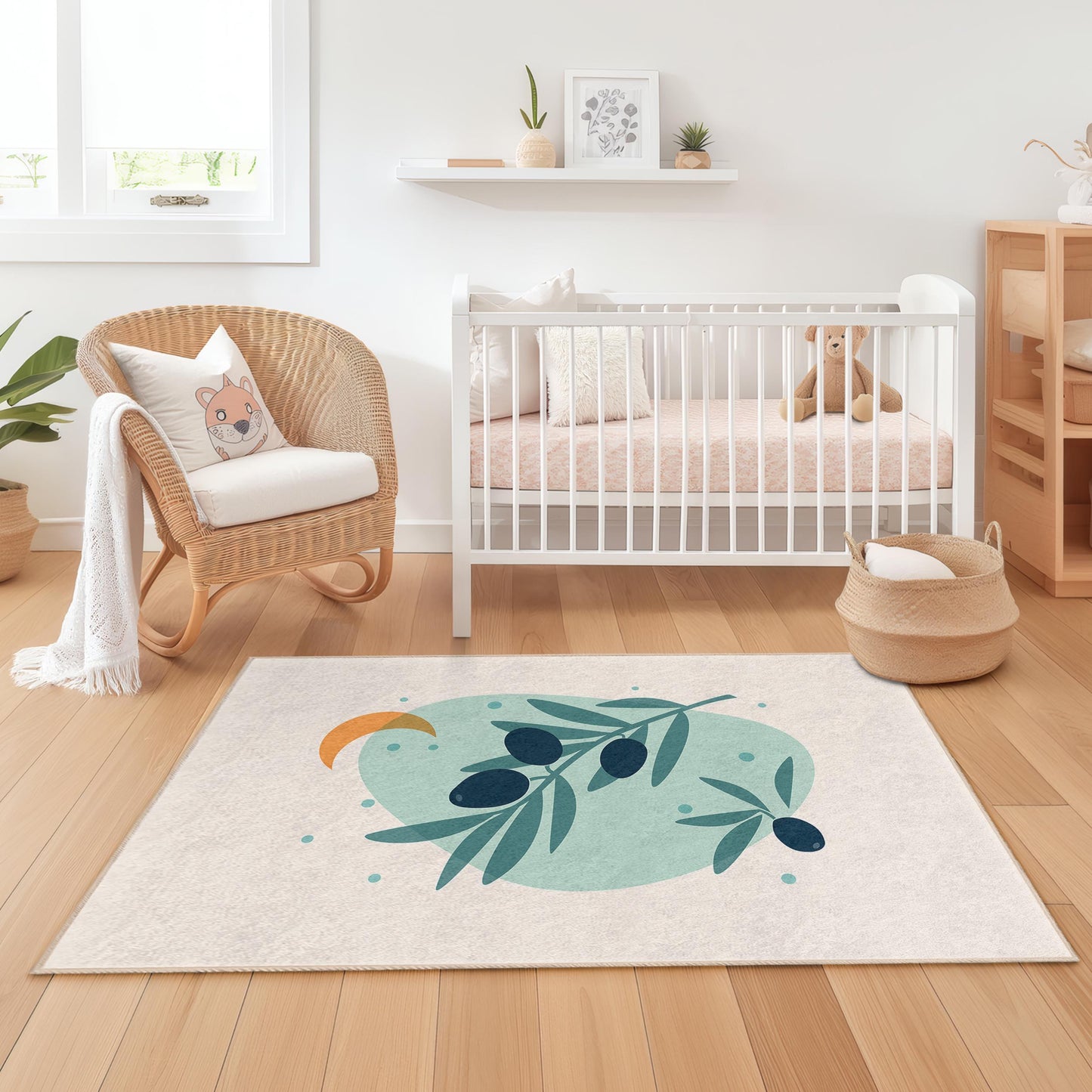 Teppich mit abstraktem Olivenzweig-Design, rechteckiger Teppich für Kinderzimmer, weicher Dekoteppich für Spielzimmer und Babyzimmer