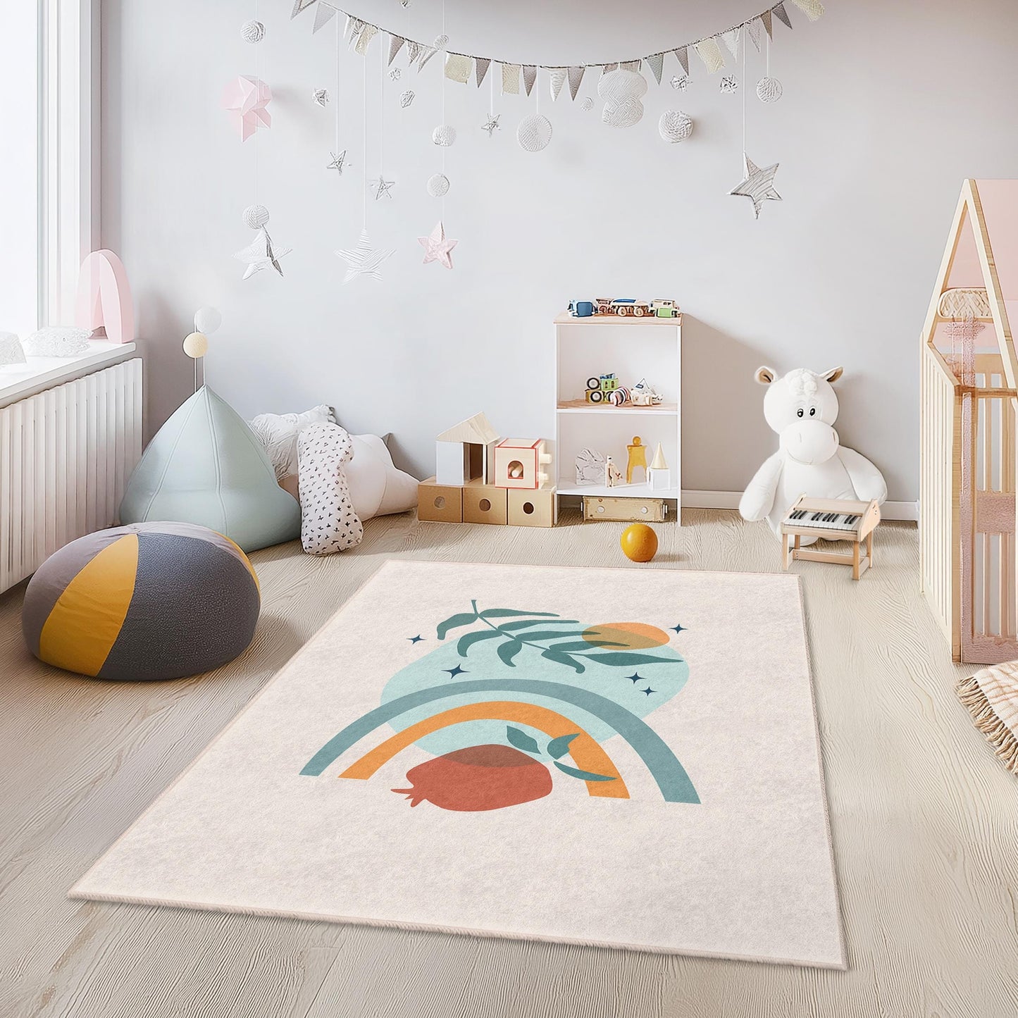 Bunter rechteckiger Kinderteppich mit Regenbogen- und Blättermuster, Spielzimmerteppich, Kinderzimmerteppich, Teppich für das Kinderzimmer, lebendiger Kinderteppich