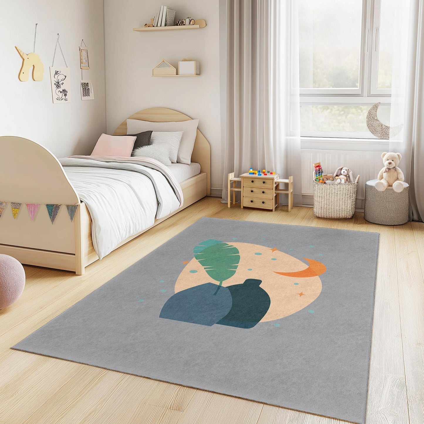 Rechteckiger Kinderzimmerteppich mit abstraktem Blatt- und Vasenmotiv, moderne Kinderzimmerdekoration, Spielzimmerteppich, stilvolles Wohnaccessoire