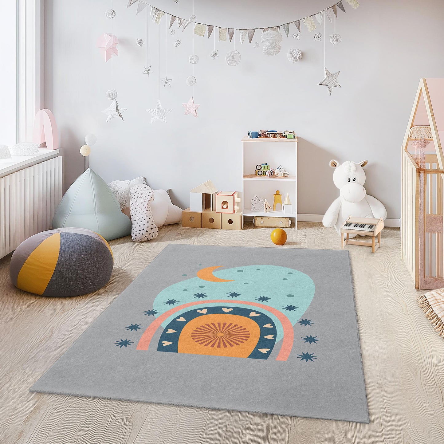 Bunter rechteckiger Kinderteppich mit Regenbogen- und Sternenmuster, verspielter Kinderzimmerteppich, weiche Kinderzimmerdekoration, einzigartige Kindermatte