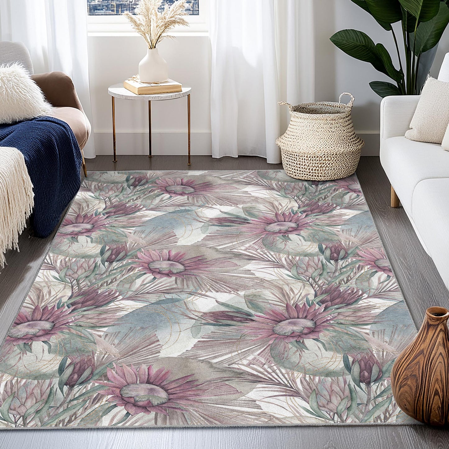 Rechteckiger Teppich „Florale Eleganz“, Teppich mit botanischem Design, Teppich mit Blumenmuster für die Heimdekoration, Wohnzimmer, Schlafzimmer, Esszimmer
