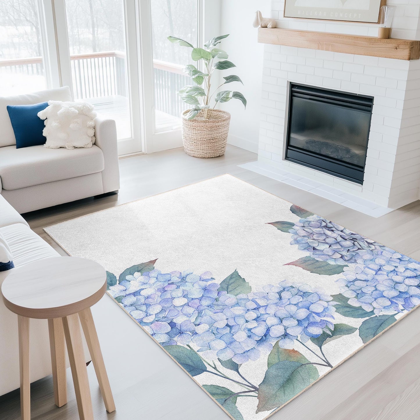 Eleganter rechteckiger Teppich mit blauem Hortensienmuster, Wohnzimmerteppich mit Blumendekor, Wohnteppich, Schlafzimmerteppich