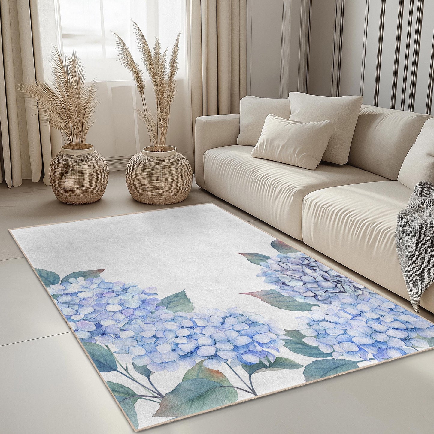 Eleganter rechteckiger Teppich mit blauem Hortensienmuster, Wohnzimmerteppich mit Blumendekor, Wohnteppich, Schlafzimmerteppich