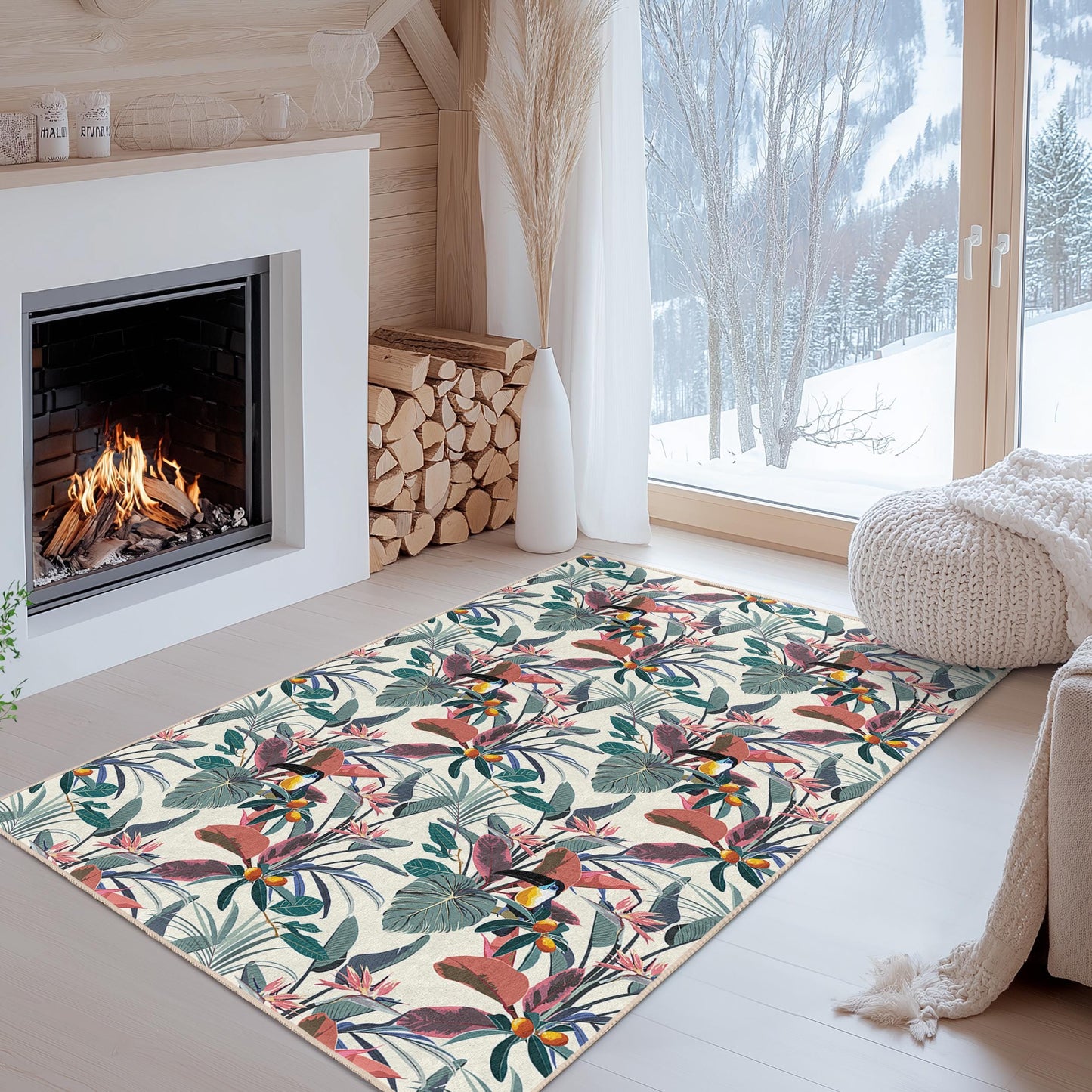Rechteckiger Teppich mit tropischem Blumenmuster, Boho-Chic-Wohndeko, Teppich für Wohnzimmer, Küche, Schlafzimmer und Büro