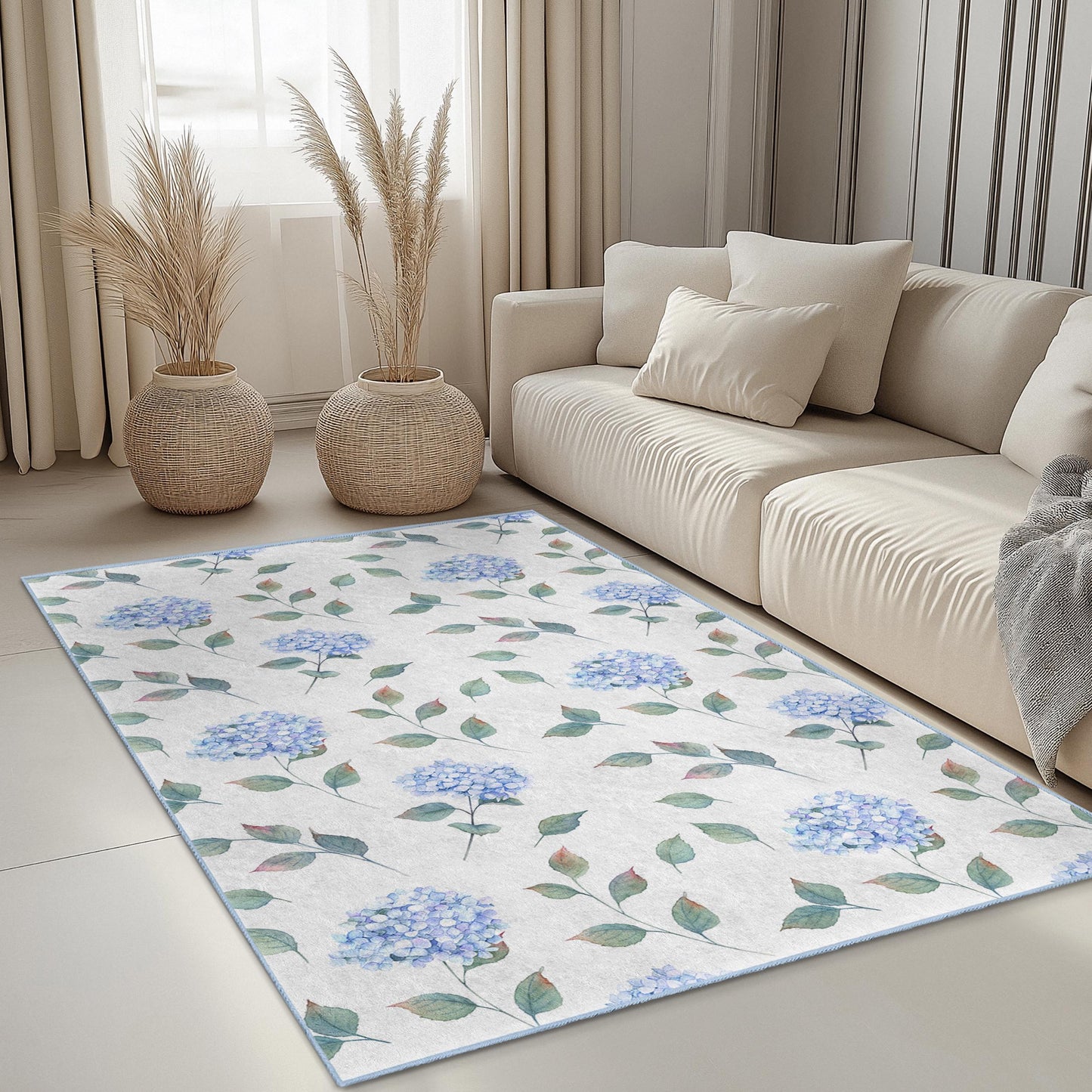 Eleganter rechteckiger Teppich mit blauem Hortensienmuster, floraler Teppich für das Wohnzimmer, weicher Teppich für die Heimdekoration, Fußmatte mit Blumendesign