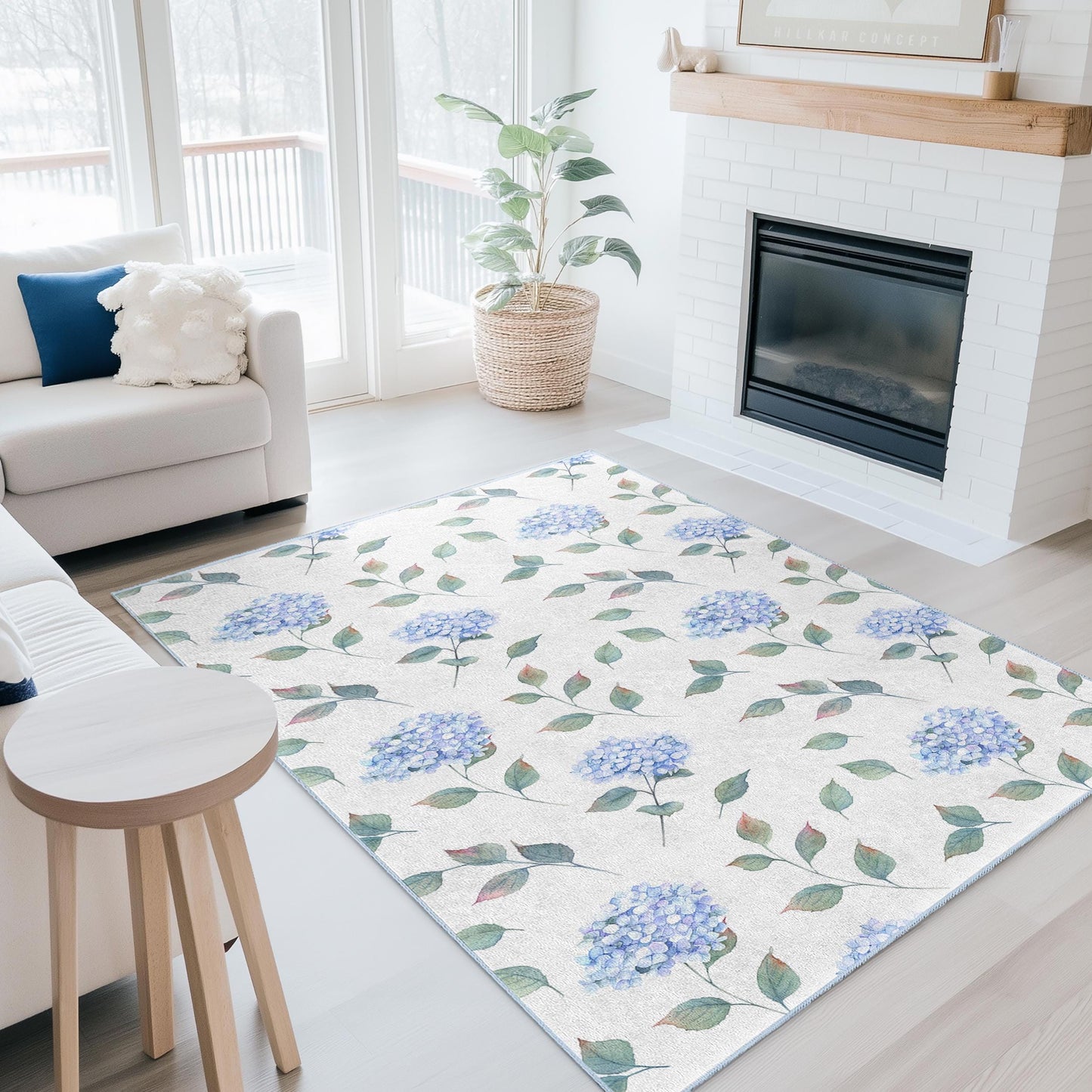 Eleganter rechteckiger Teppich mit blauem Hortensienmuster, floraler Teppich für das Wohnzimmer, weicher Teppich für die Heimdekoration, Fußmatte mit Blumendesign