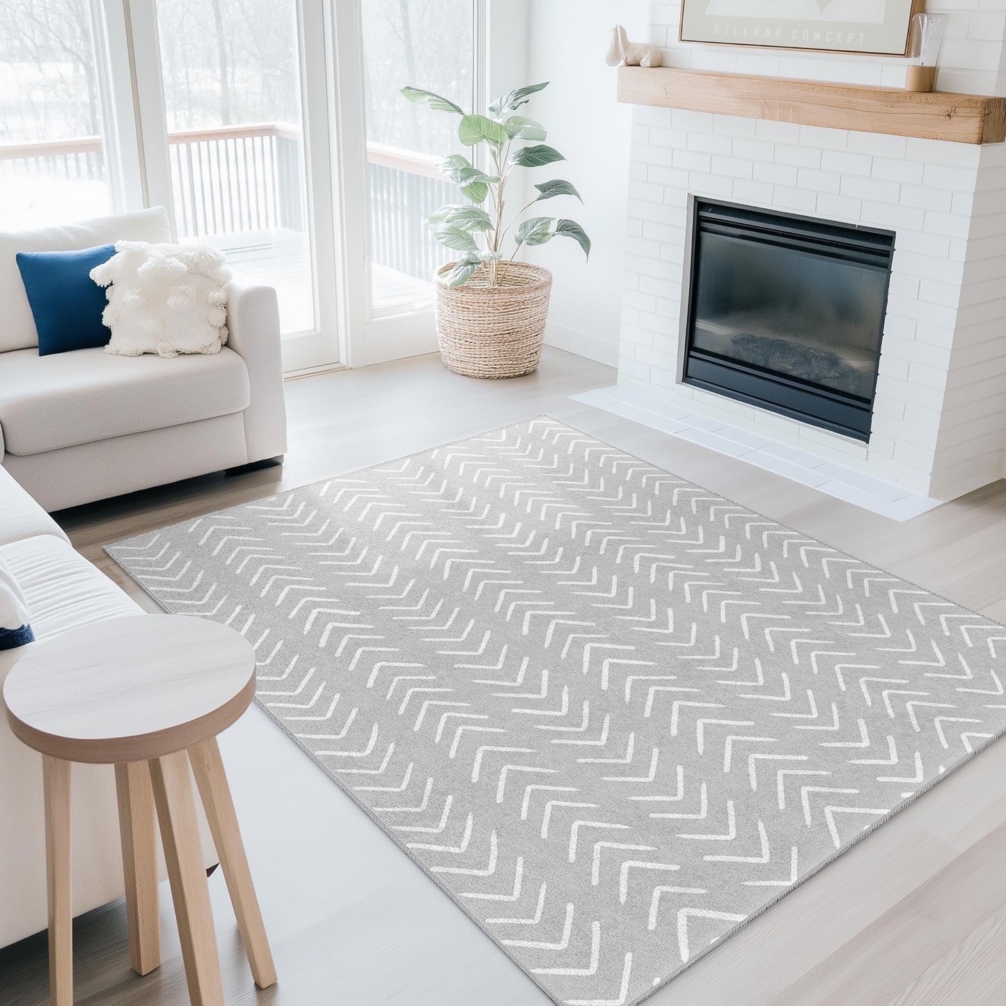 Rechteckiger Teppich mit Chevron-Muster, moderner grau-weißer Teppich, stilvoller Wohnzimmerteppich, elegante Wohndekoration, weiche Bodenmatte