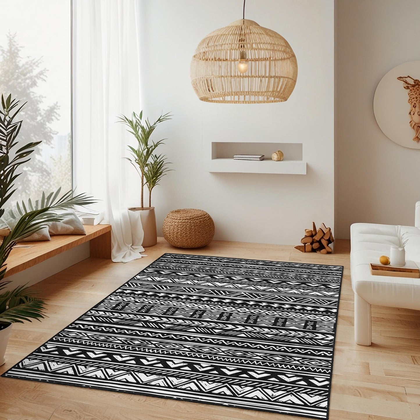 Rechteckiger Teppich mit geometrischem Muster in Schwarz-Weiß, moderner Boho-Teppich, stilvoller Wohnzimmerteppich, dekorative Fußmatte