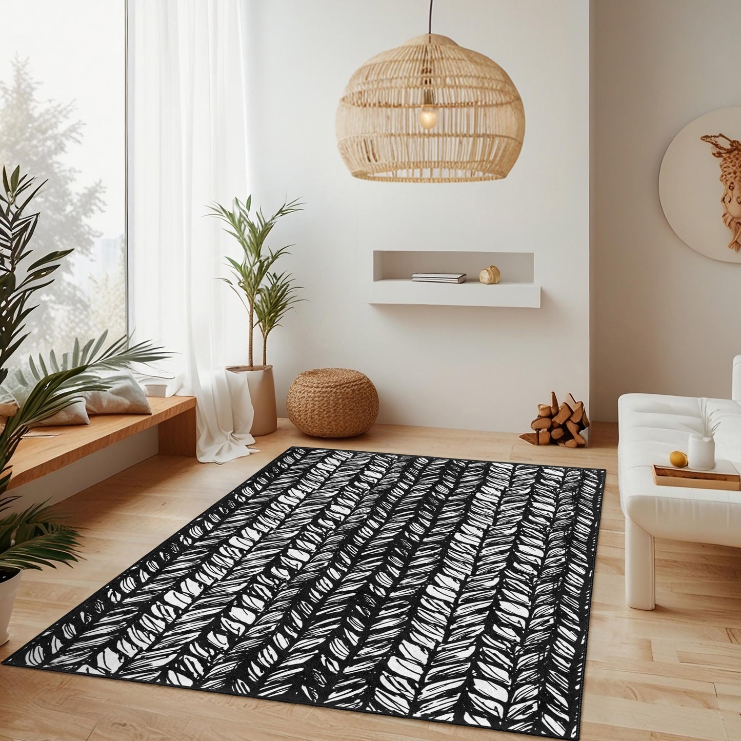 Stilvoller rechteckiger Teppich mit schwarz-weißem Blattmuster, moderner Wohnteppich, naturinspirierter Teppich für das Wohnzimmer