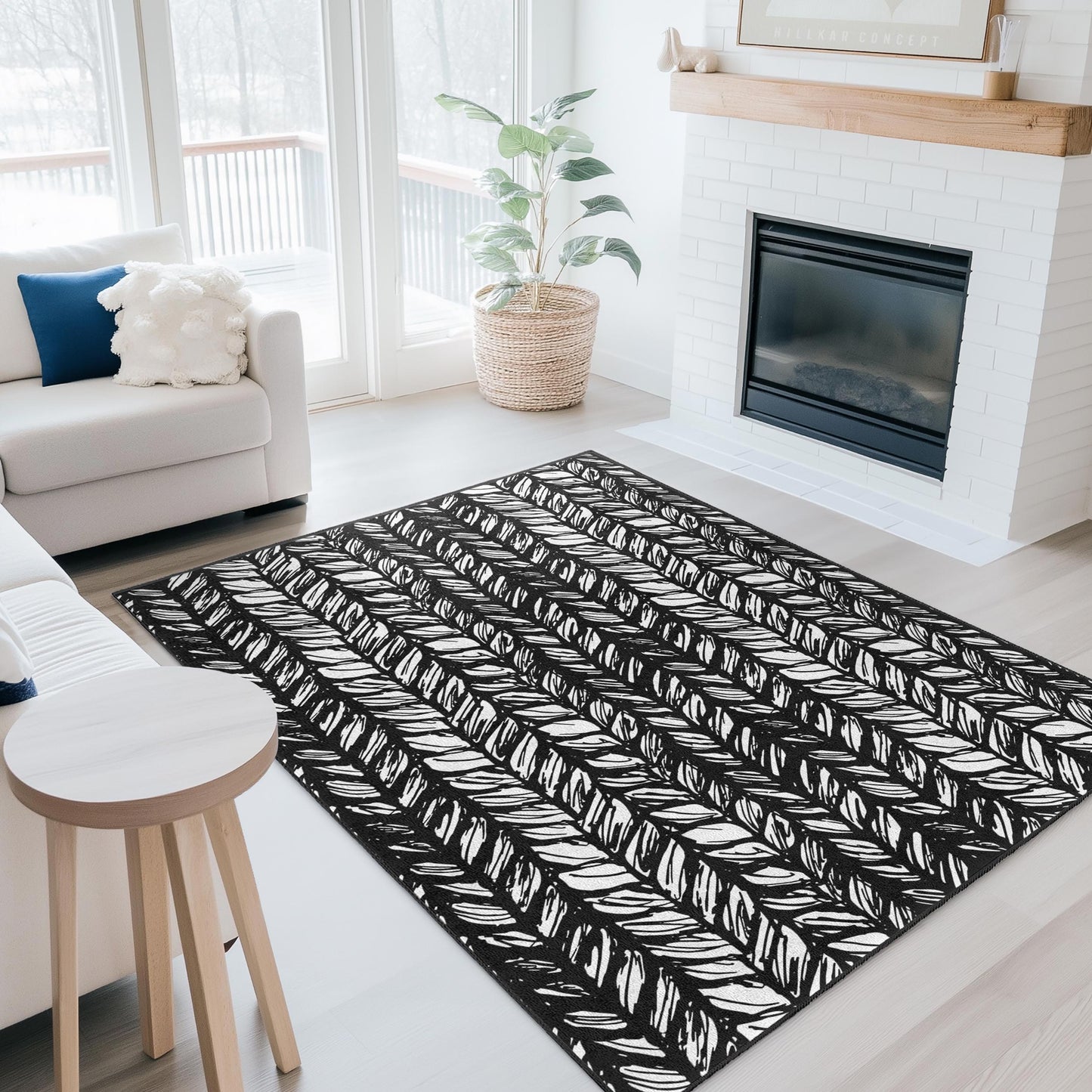 Stilvoller rechteckiger Teppich mit schwarz-weißem Blattmuster, moderner Wohnteppich, naturinspirierter Teppich für das Wohnzimmer