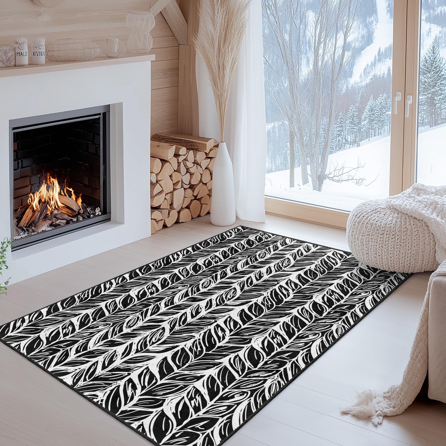 Rechteckiger Teppich mit Blattmuster, schwarz-weißes Blattdesign, stilvoller Teppich für das Wohnzimmer, moderne Wohndekoration, Teppich für den Innenbereich