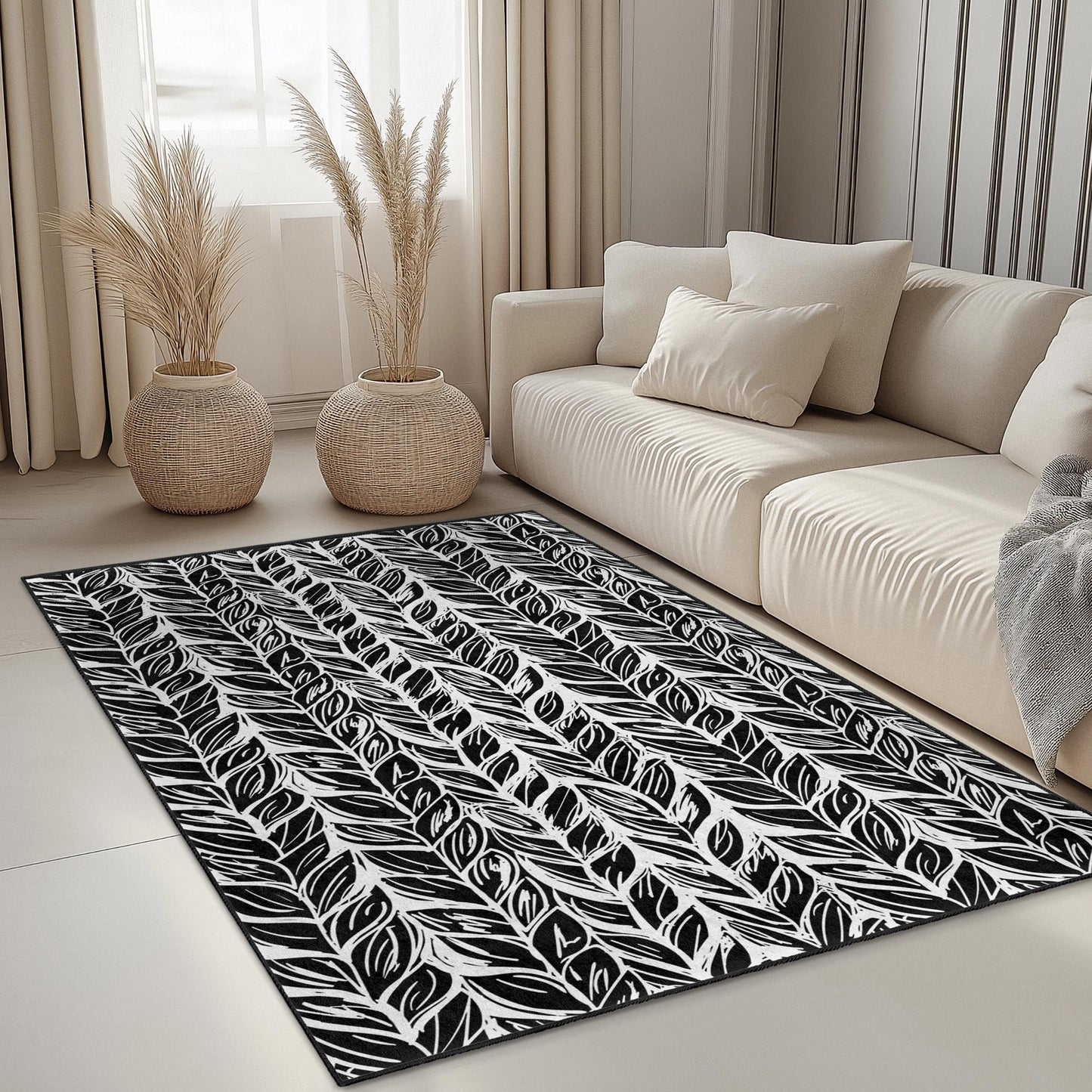 Rechteckiger Teppich mit Blattmuster, schwarz-weißes Blattdesign, stilvoller Teppich für das Wohnzimmer, moderne Wohndekoration, Teppich für den Innenbereich